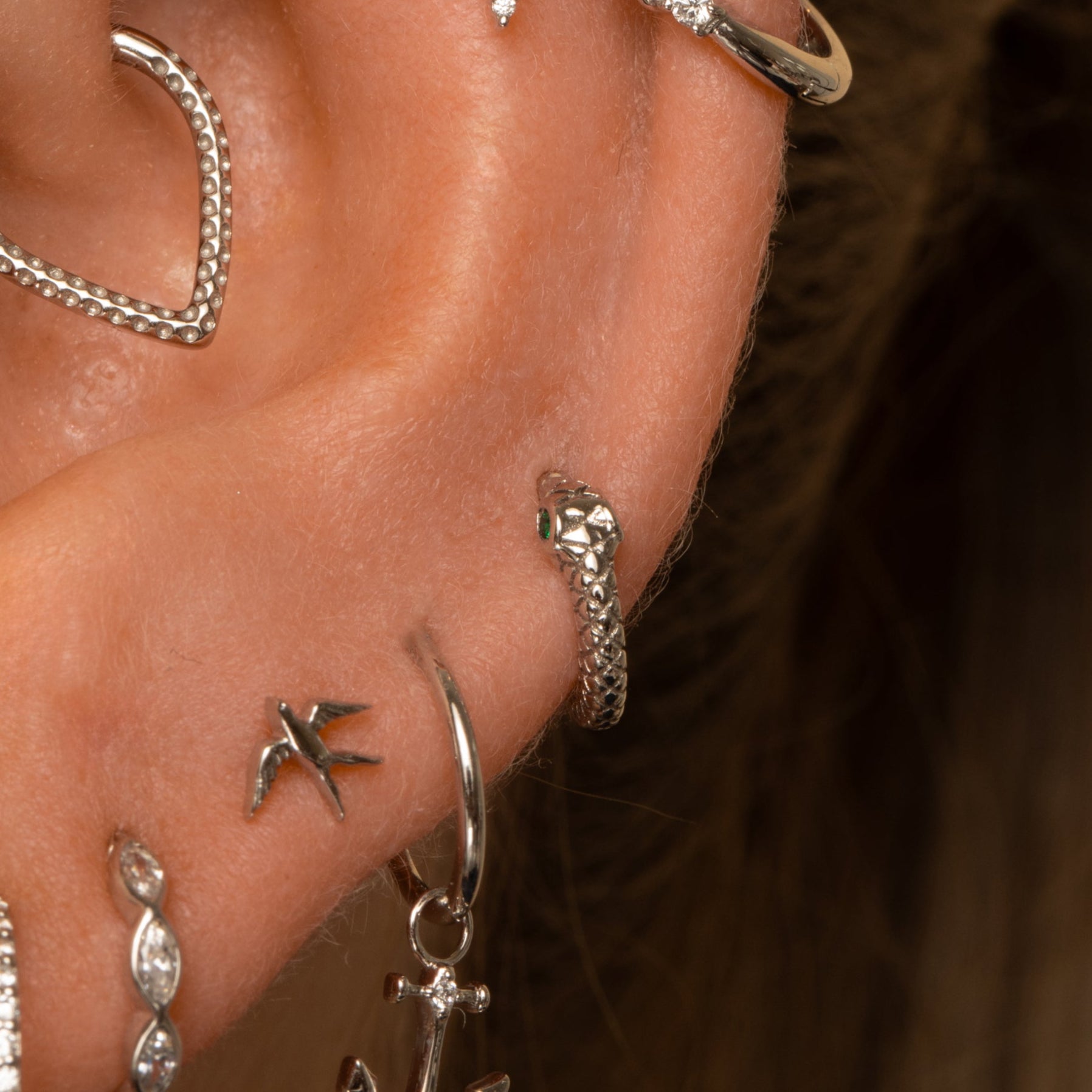 Laura Bond Jewellery 9k solid white gold Ouroboros Snake clicker hoop earring Huggies and Hoops