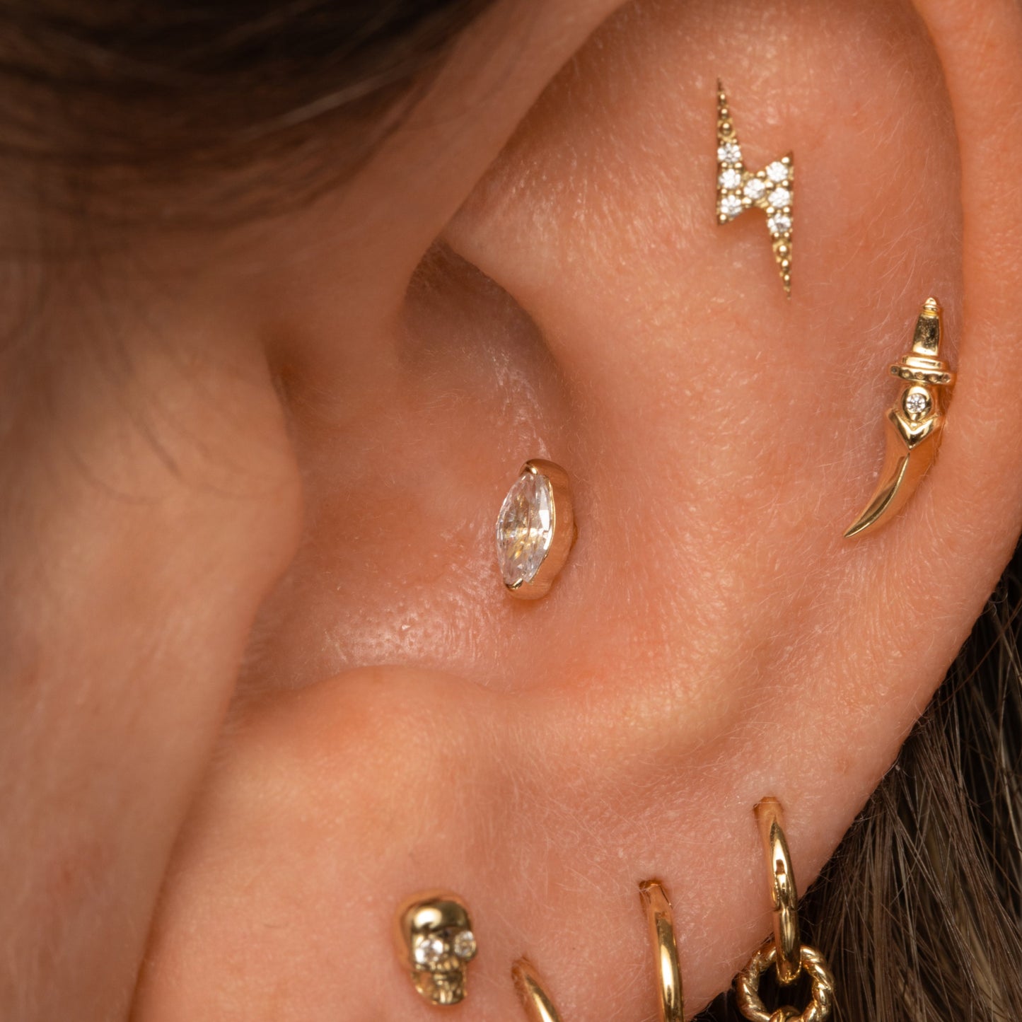 Laura Bond Jewellery Bold and Gold Edinburgh 14k solid yellow gold marquise flat back labret stud earring 8mm Cartilage Studs
