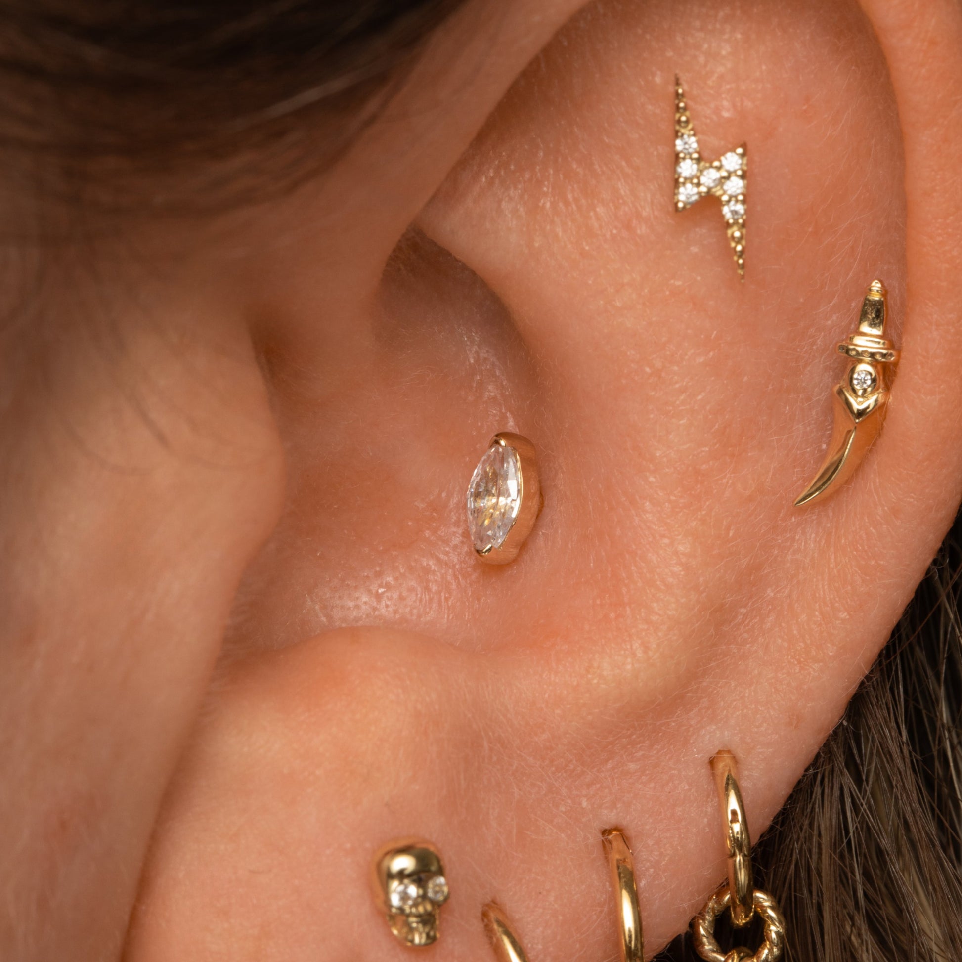 Laura Bond Jewellery Bold and Gold Edinburgh 14k solid yellow gold marquise flat back labret stud earring 8mm Cartilage Studs