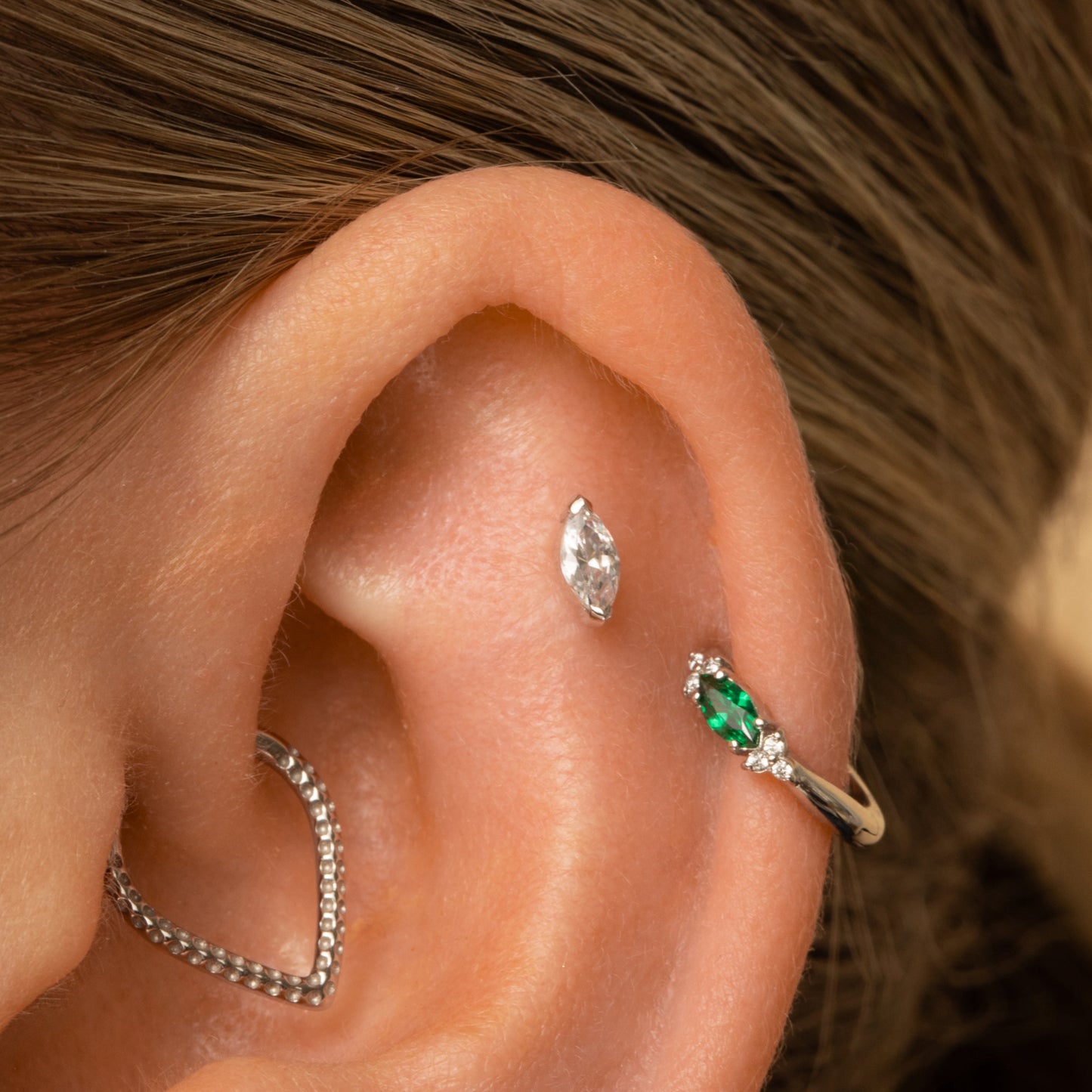 Laura Bond Jewellery 9k solid white gold marquise flat back labret stud earring 6mm Cartilage Studs