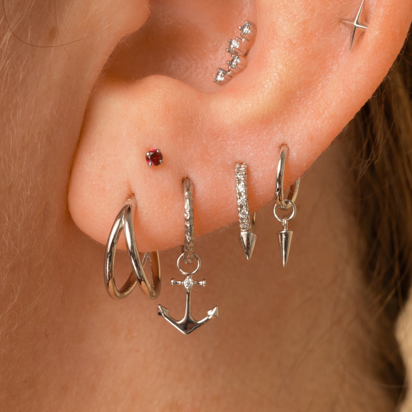 Laura Bond Jewellery 9k solid white gold tiny red crystal gem 2mm flat back labret stud earring Cartilage Studs