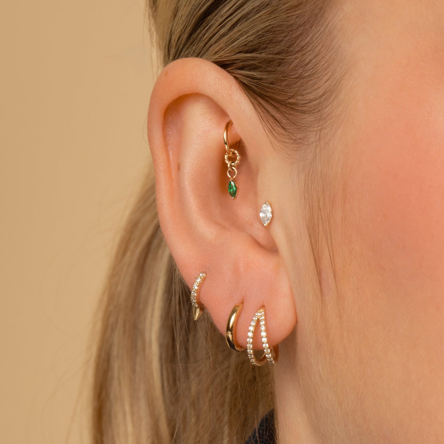 Laura Bond Jewellery Bold and Gold Edinburgh 14k solid yellow gold marquise flat back labret stud earring 8mm Cartilage Studs