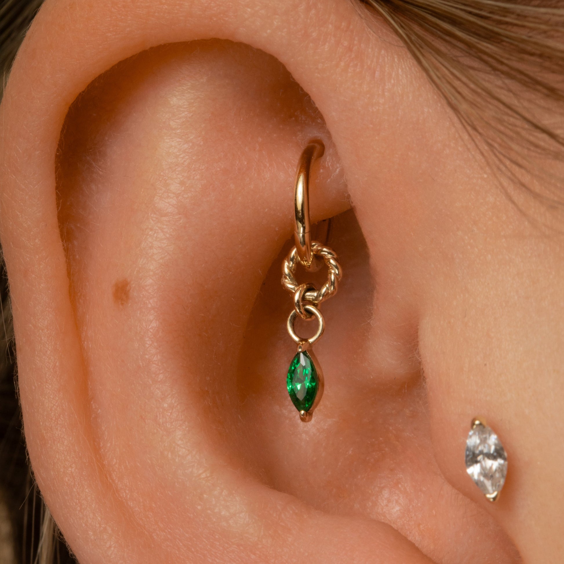 Laura Bond Jewellery Bold and Gold Edinburgh 9k solid yellow gold twisted Cressida green earring charm Chains and Charms
