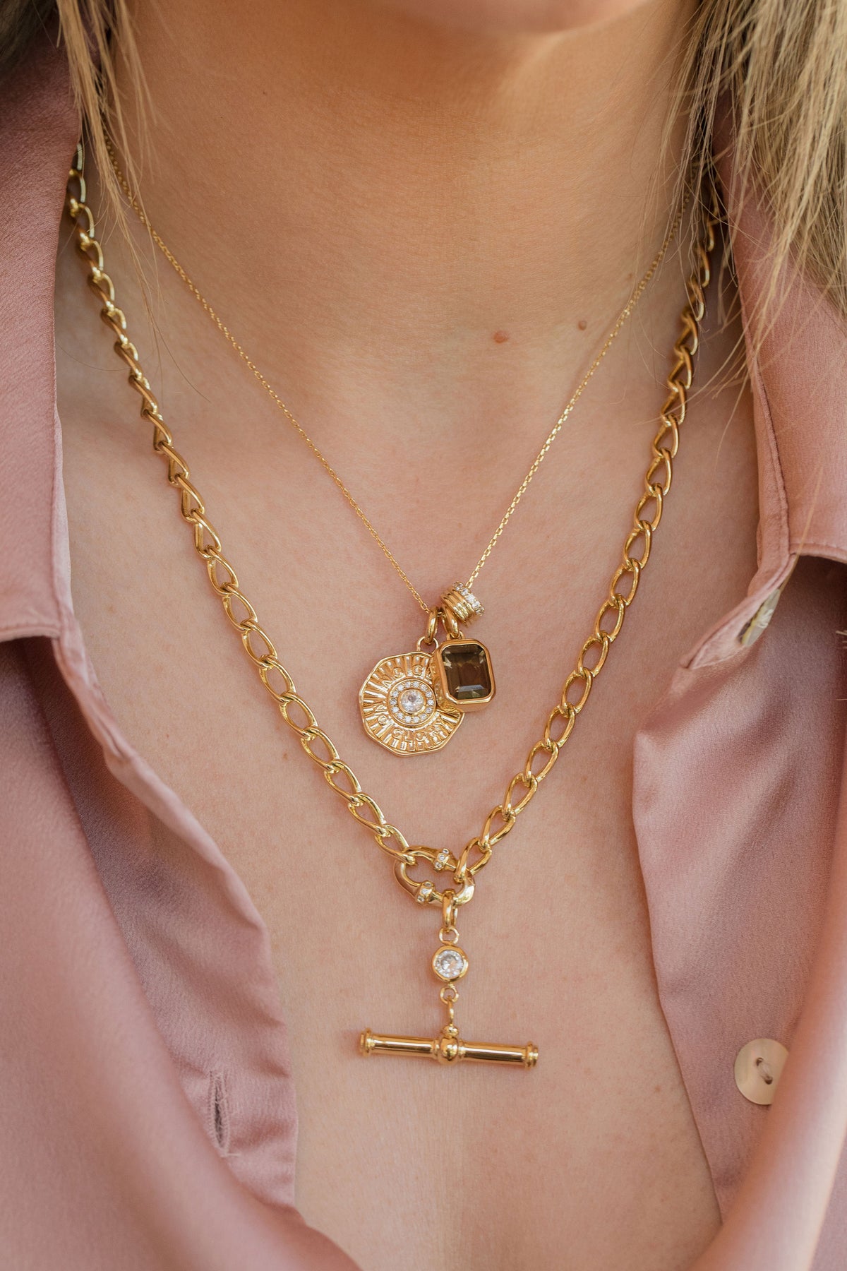 Gem T-Bar On Chunky Marquise Link Chain Necklace Laura Bond Jewellery