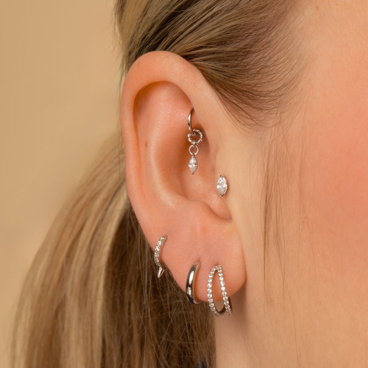 Laura Bond Jewellery Bold and Gold Edinburgh 14k solid white gold marquise flat back labret stud earring 8mm Cartilage Studs
