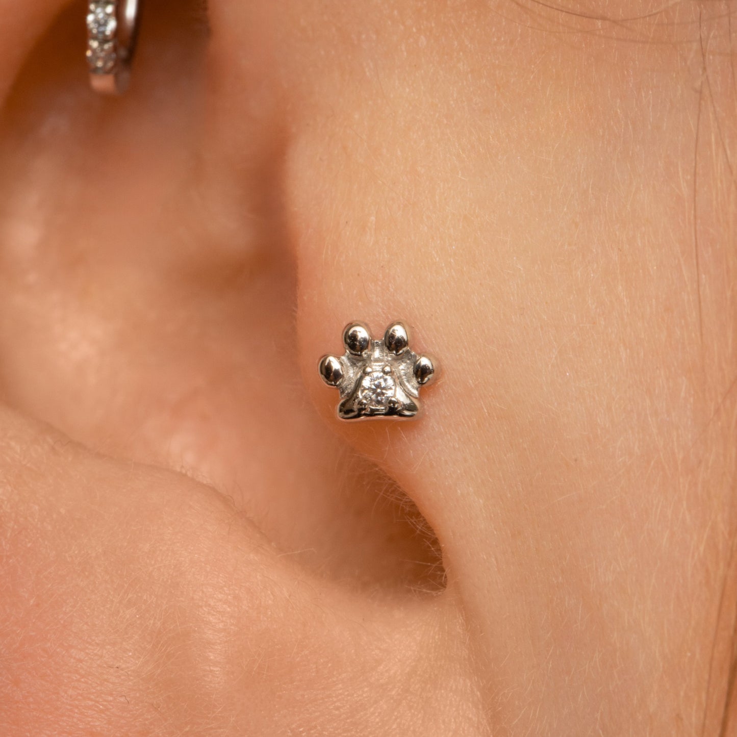 Laura Bond Jewellery 9k solid white gold Animal Pawprint flat back labret stud earring Cartilage Studs