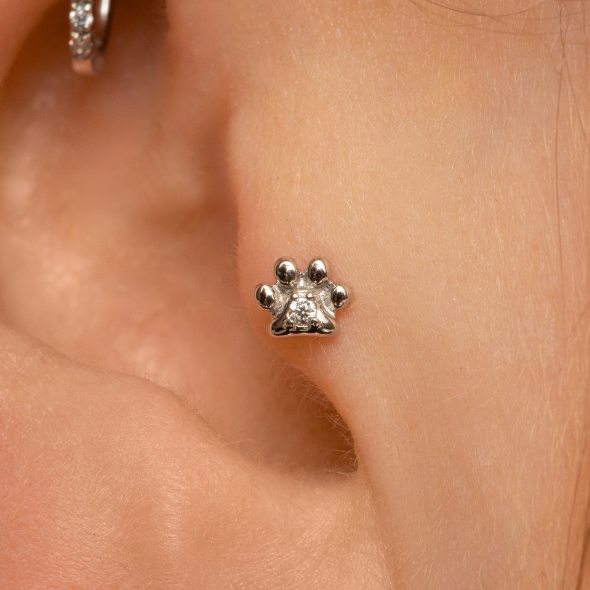 Laura Bond Jewellery 9k solid white gold Animal Pawprint flat back labret stud earring Cartilage Studs