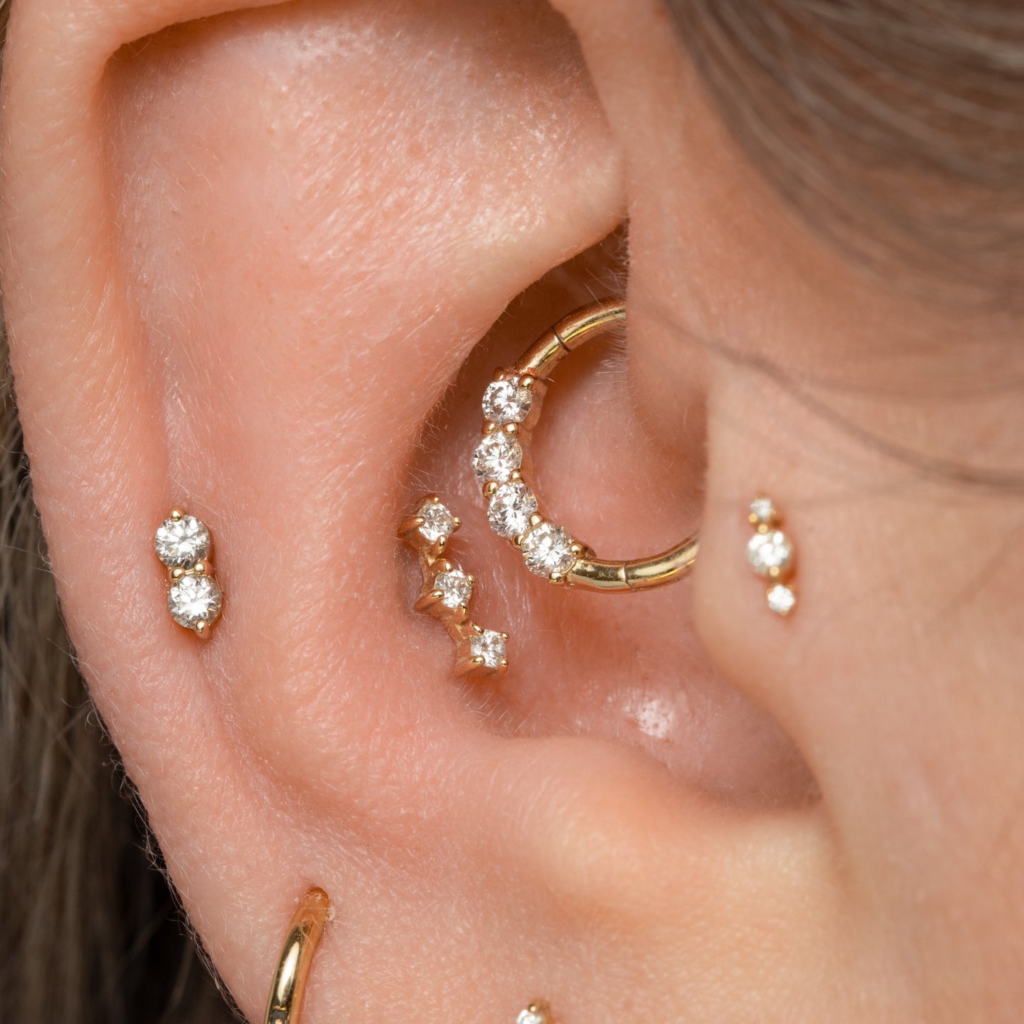Laura Bond Jewellery 14k solid yellow gold diamond trinity flat back labret stud earring Cartilage Studs