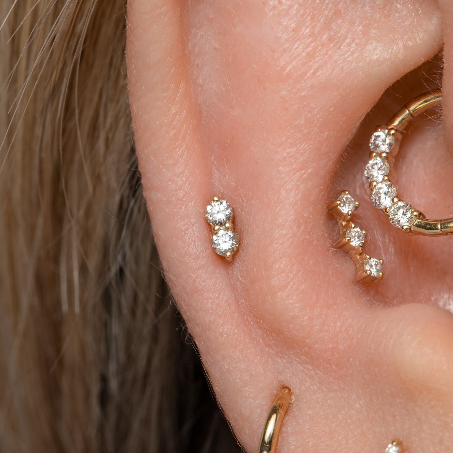 Laura Bond Jewellery 14k solid yellow gold double diamond flat back labret stud earring Cartilage Studs