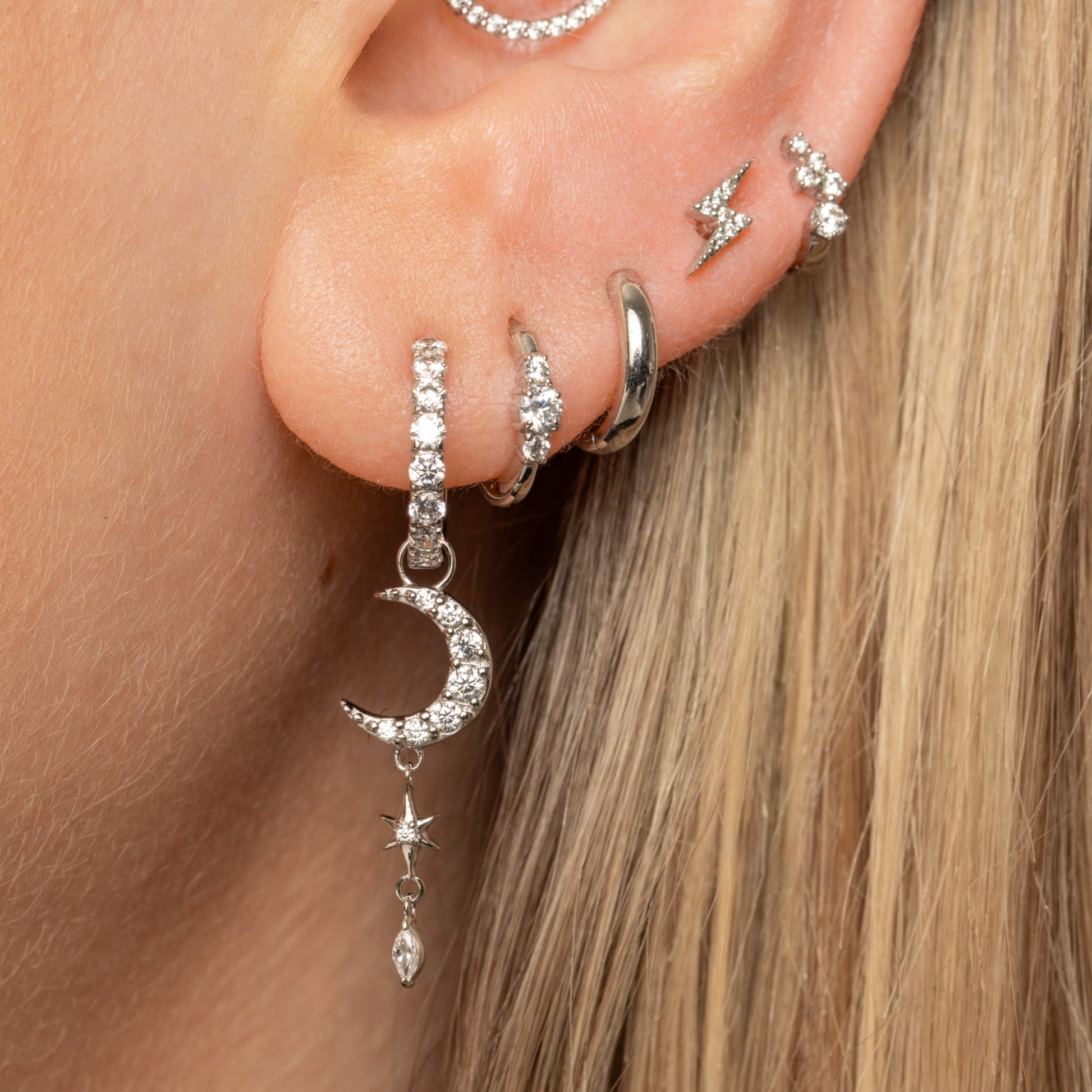 astrid miyu maria tash 9k solid white gold dainty three stone 8mm huggie hoop earring Huggies and Hoops Laura Bond