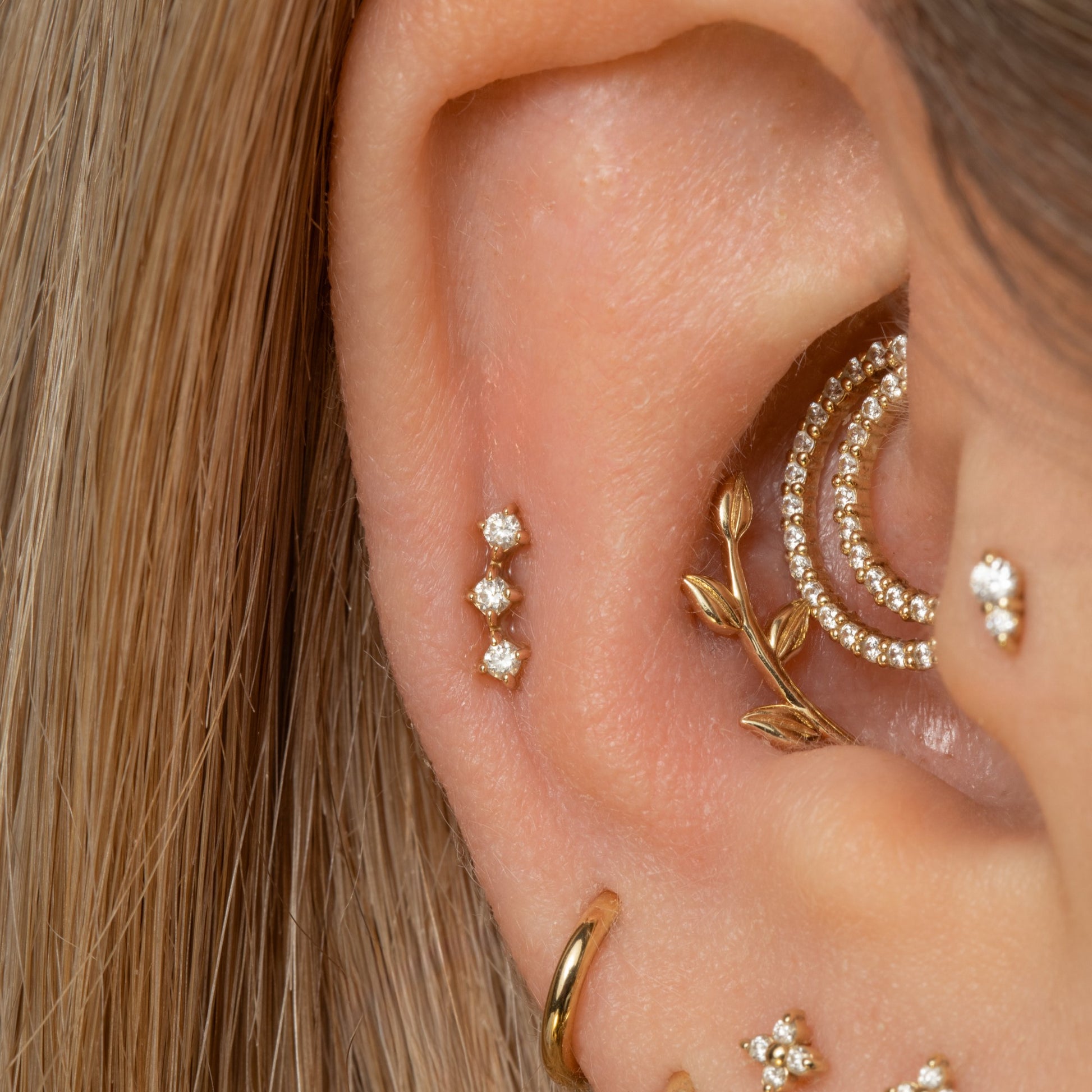 Laura Bond Jewellery 14k solid yellow gold diamond trinity flat back labret stud earring Cartilage Studs