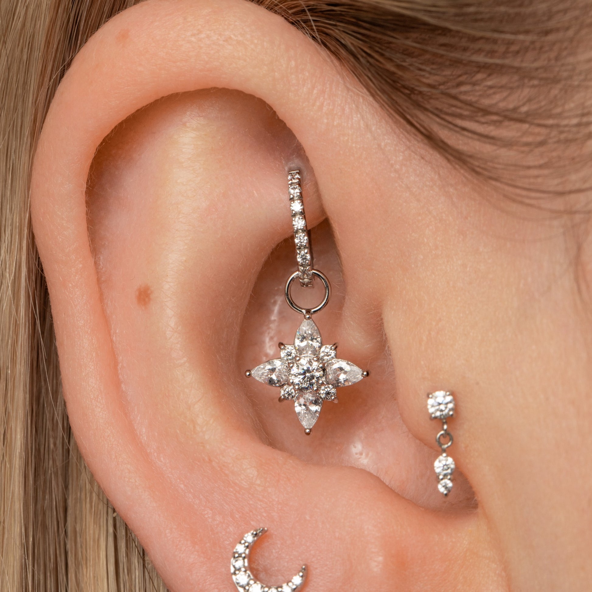 Laura Bond Jewellery 9k solid white gold 7mm 16g crystal oval rook clicker hoop Huggies and Hoops