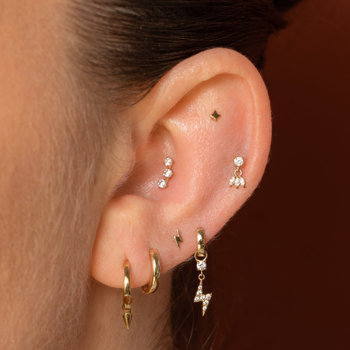 Laura Bond Jewellery Bold and Gold Edinburgh 14k solid yellow gold trinity crystal flat back labret stud earring 8mm Cartilage Studs