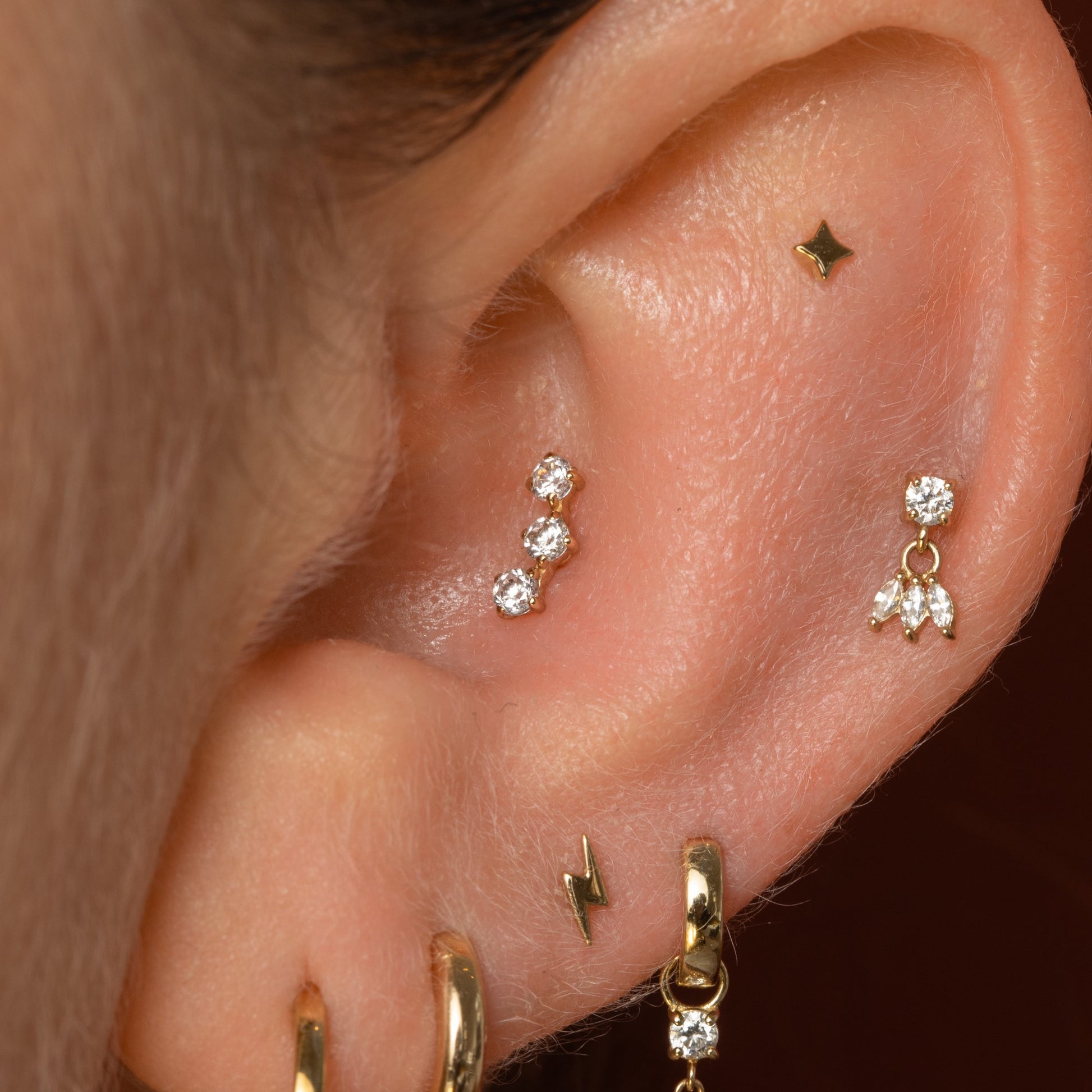 Laura Bond Jewellery Bold and Gold Edinburgh 14k solid yellow gold trinity crystal flat back labret stud earring 8mm Cartilage Studs