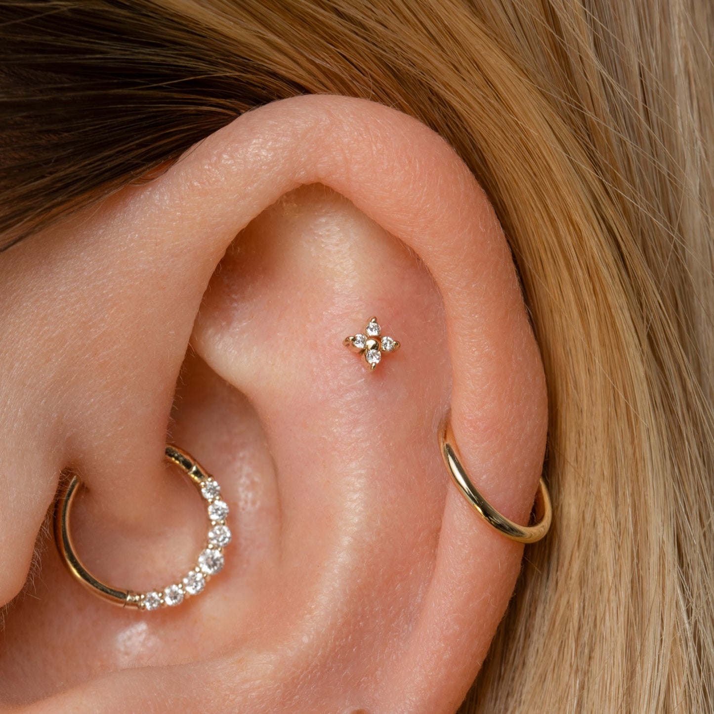 Laura Bond Jewellery 14k solid yellow gold Lady Luck flat back diamond labret stud earring Cartilage Studs