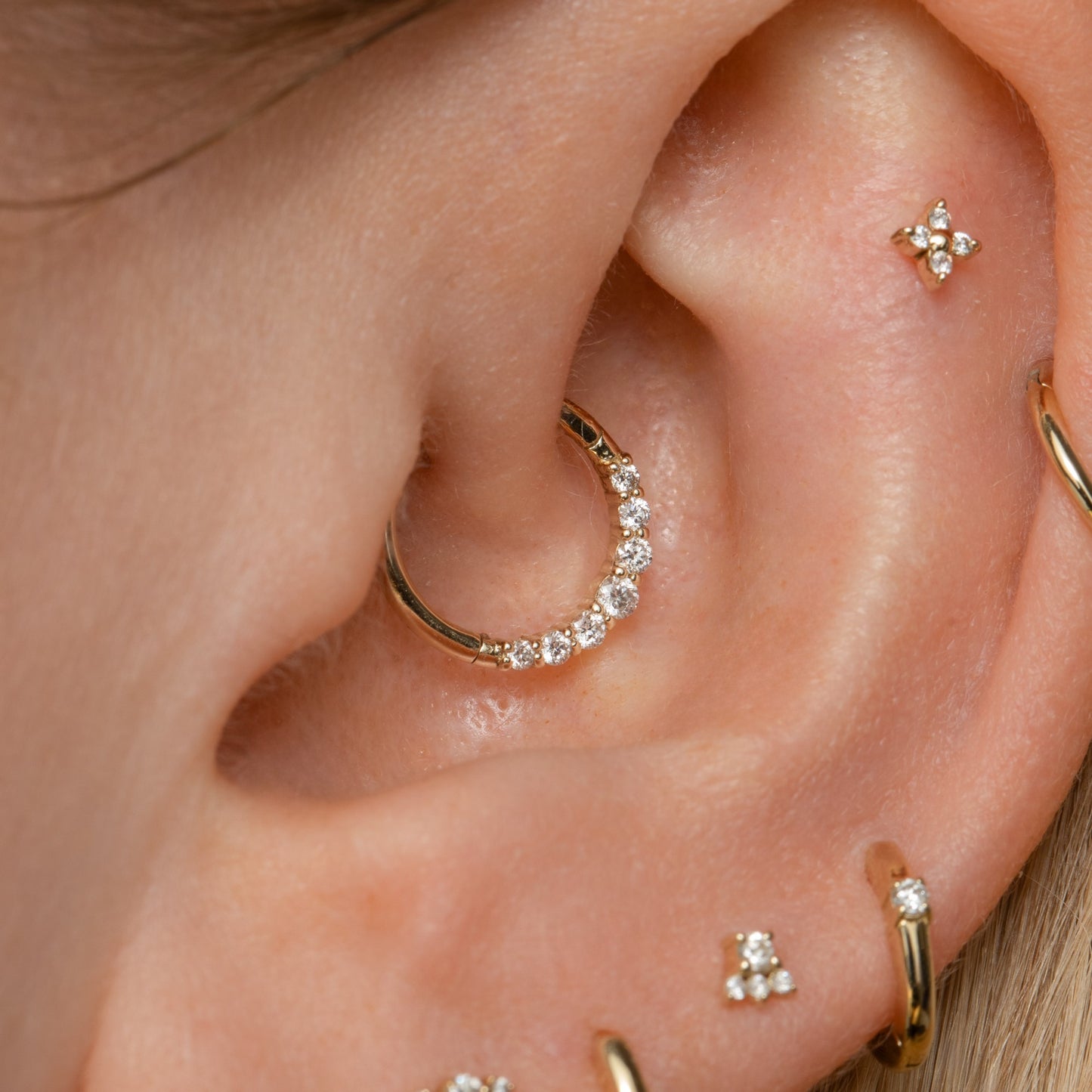 Laura Bond Jewellery Bold and Gold Edinburgh 14k solid yellow gold delicate diamond clicker hoop for daith or septum Huggies and Hoops