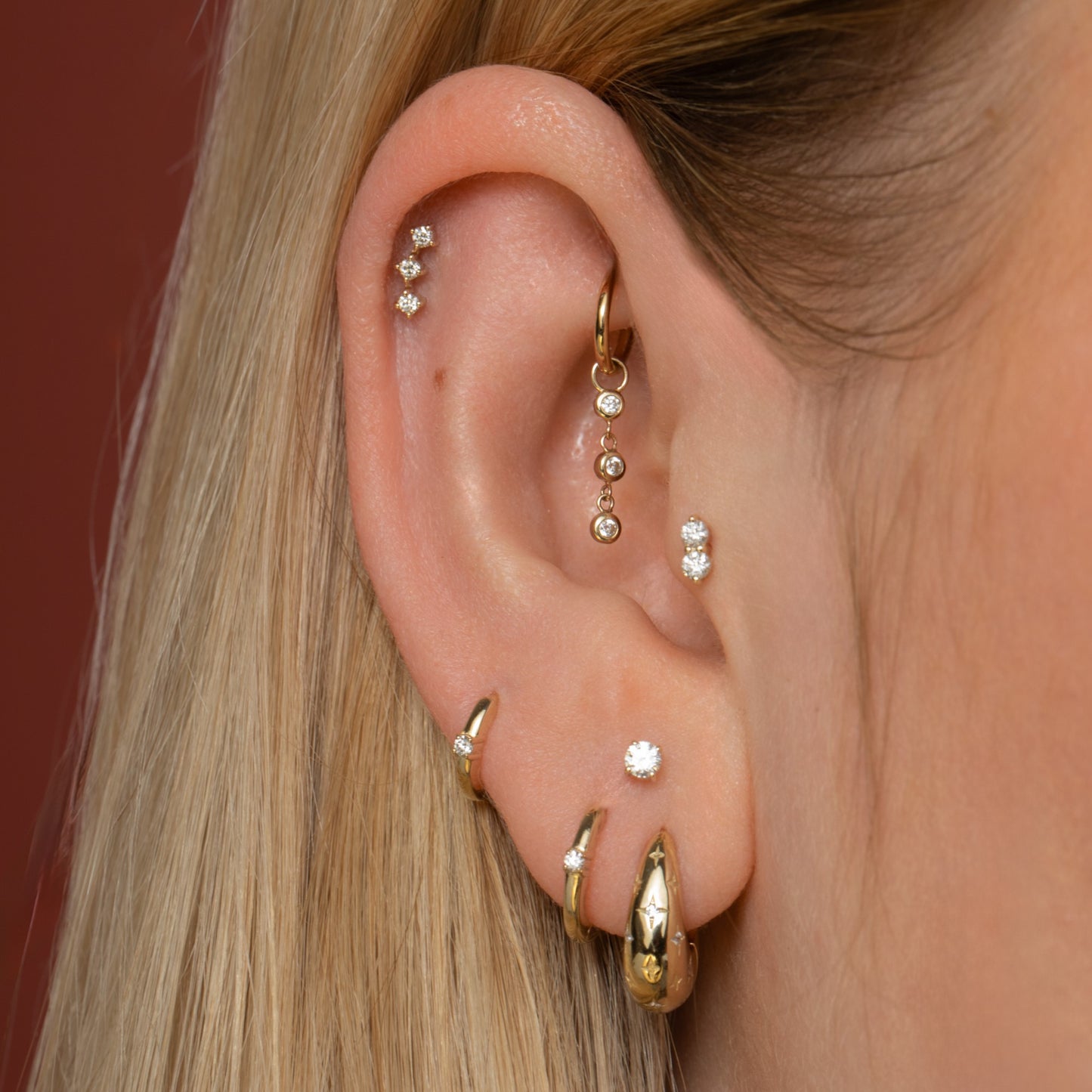 Laura Bond Jewellery 14k solid yellow gold diamond trinity flat back labret stud earring Cartilage Studs