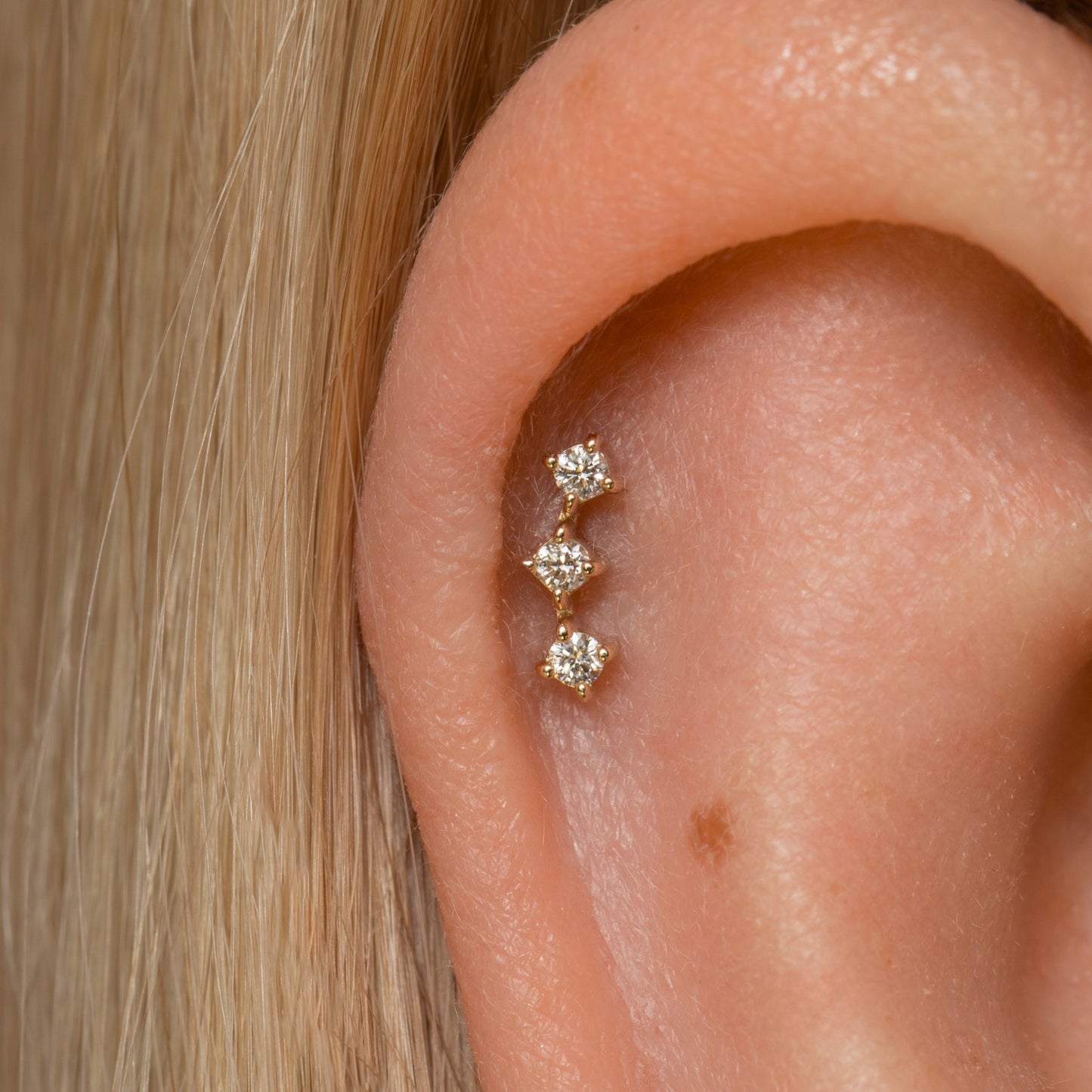 Laura Bond Jewellery 14k solid yellow gold diamond trinity flat back labret stud earring Cartilage Studs