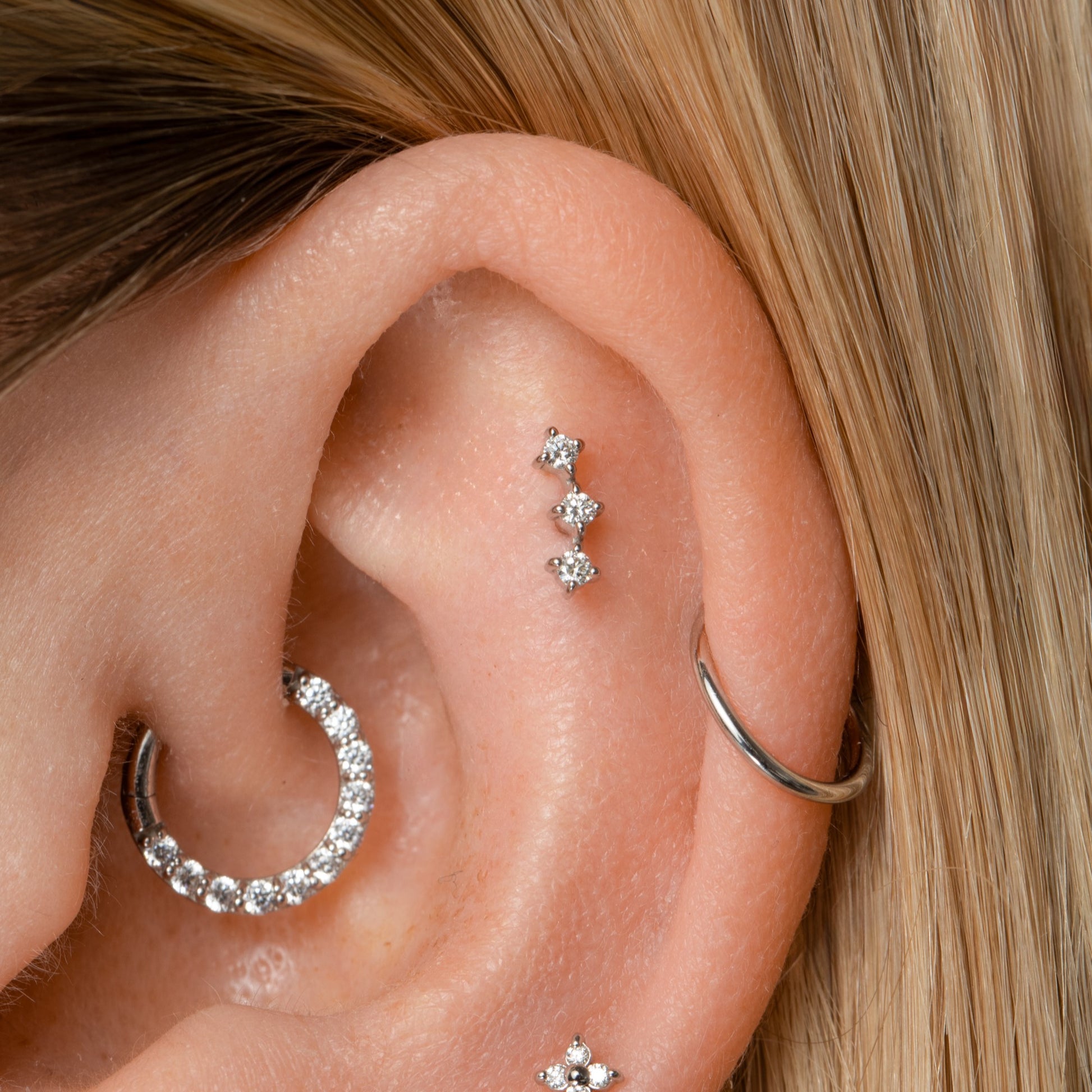 Laura Bond Jewellery 14k solid white gold diamond trinity flat back labret stud earring Cartilage Studs