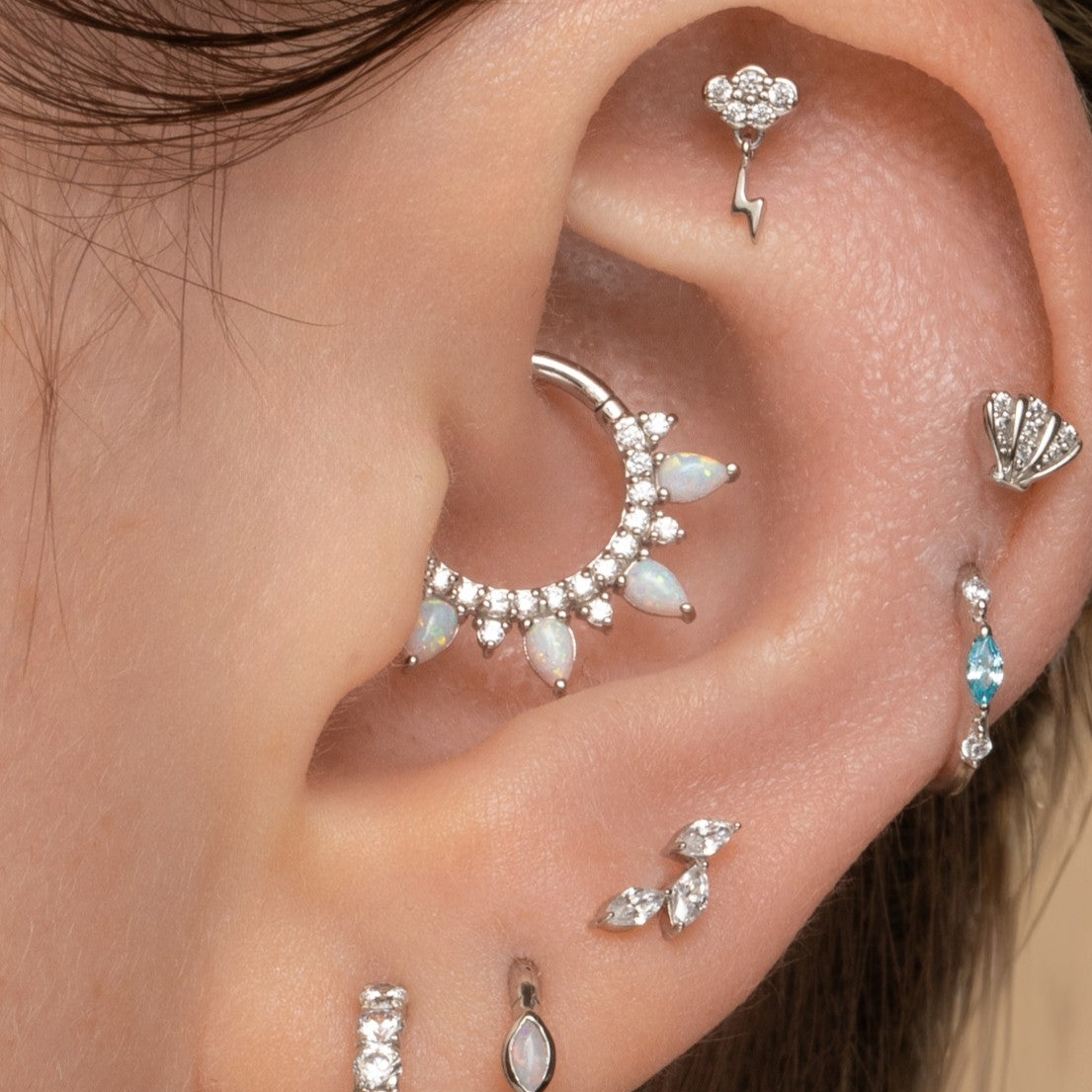 astrid miyu maria tash 9k solid white gold 9mm Ariel daith hoop with white opal Huggies and Hoops Laura Bond