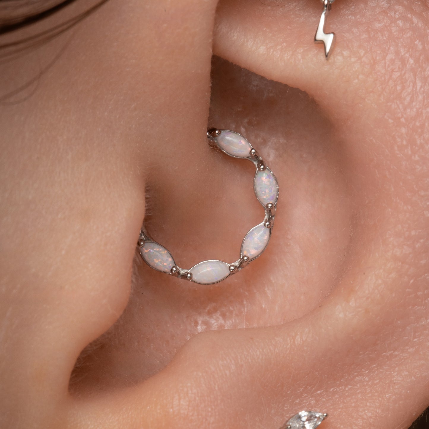 Laura Bond Jewellery Bold and Gold Edinburgh 9k solid white gold 8mm white opal marquise daith or septum clicker hoop Huggies and Hoops