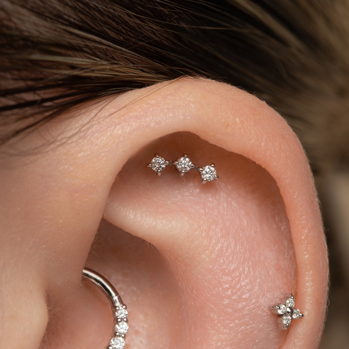 Laura Bond Jewellery 14k solid white gold diamond trinity flat back labret stud earring Cartilage Studs