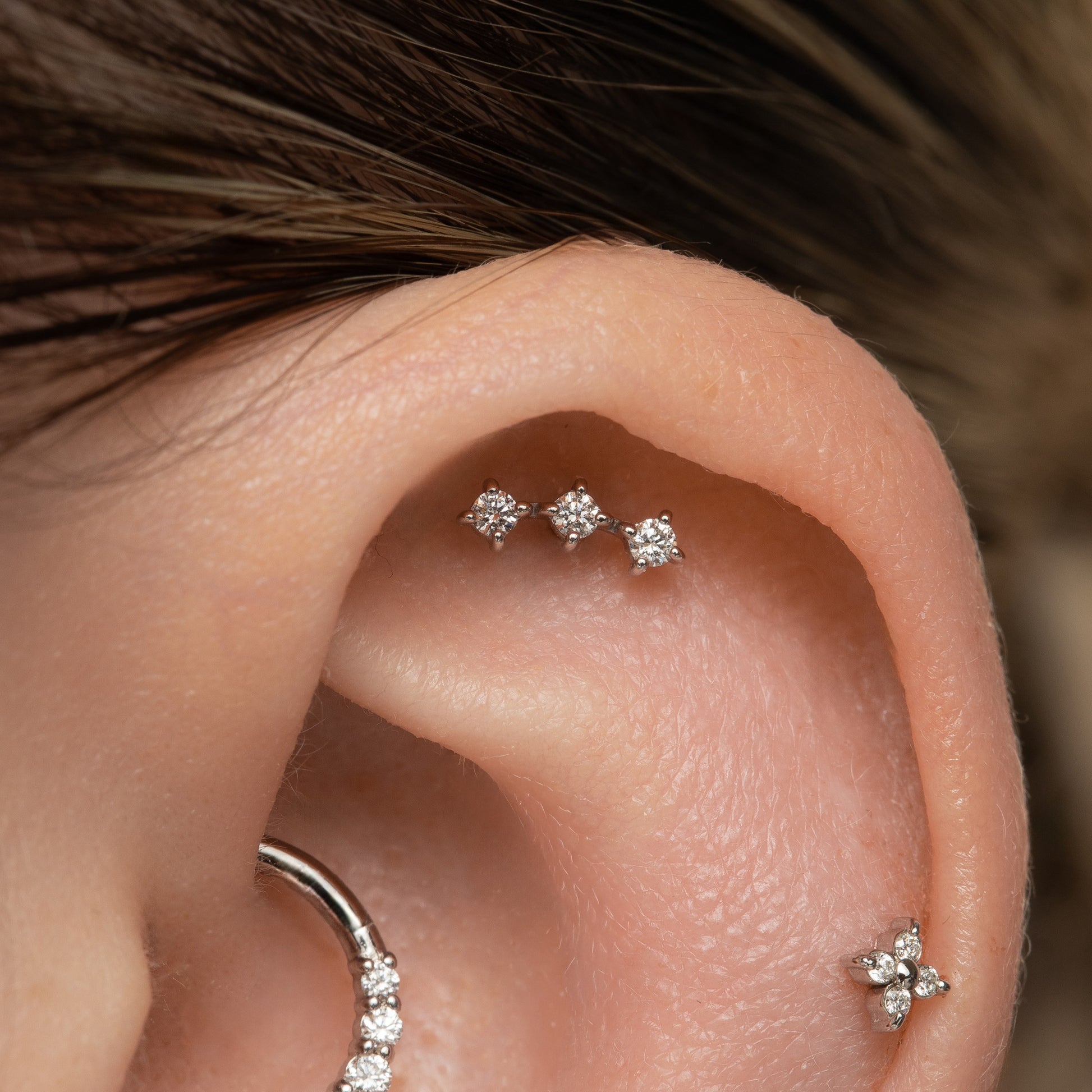 Laura Bond Jewellery 14k solid white gold diamond trinity flat back labret stud earring Cartilage Studs