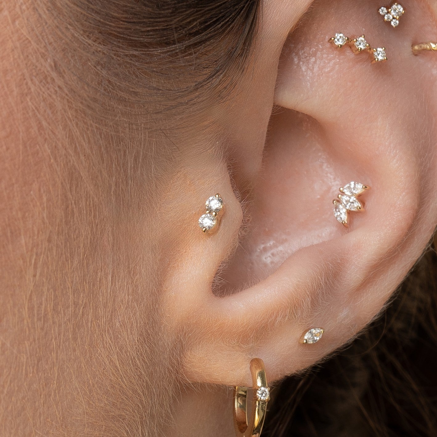 Laura Bond Jewellery 14k solid yellow gold double diamond flat back labret stud earring Cartilage Studs