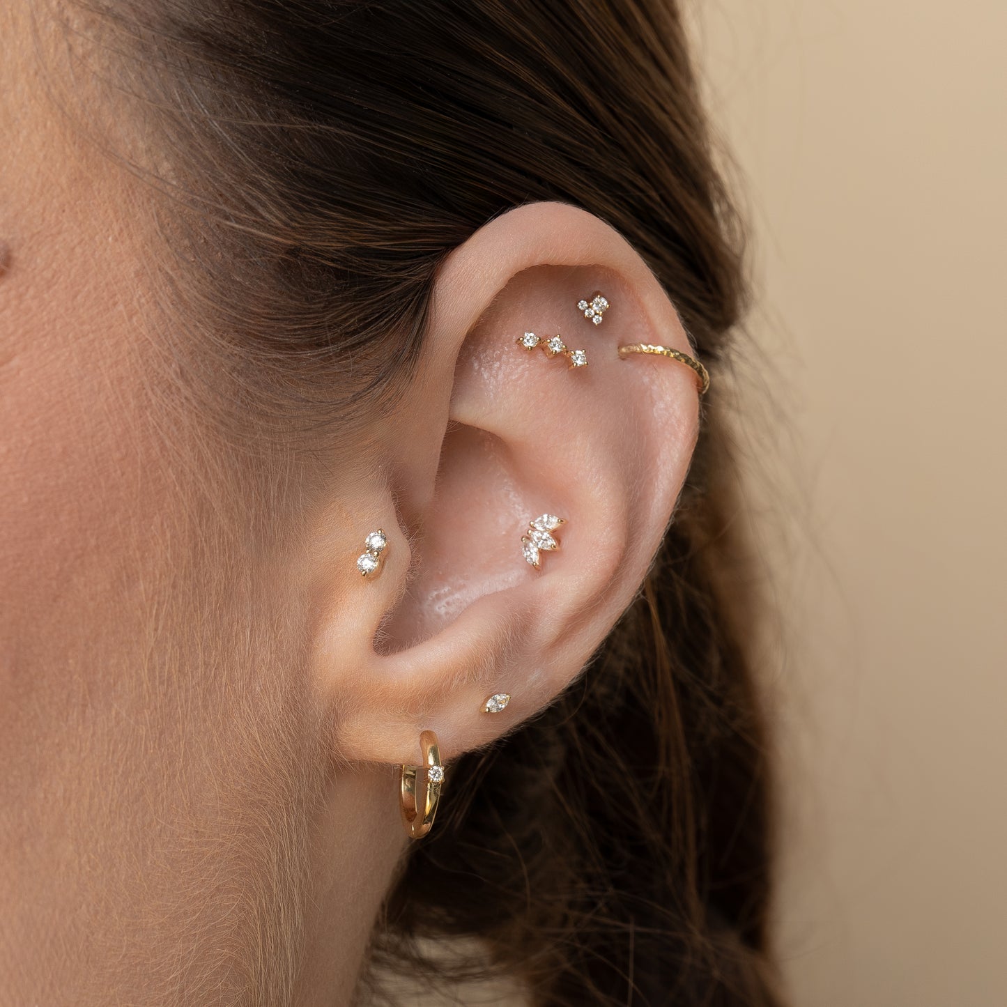 Laura Bond Jewellery 14k solid yellow gold double diamond flat back labret stud earring Cartilage Studs