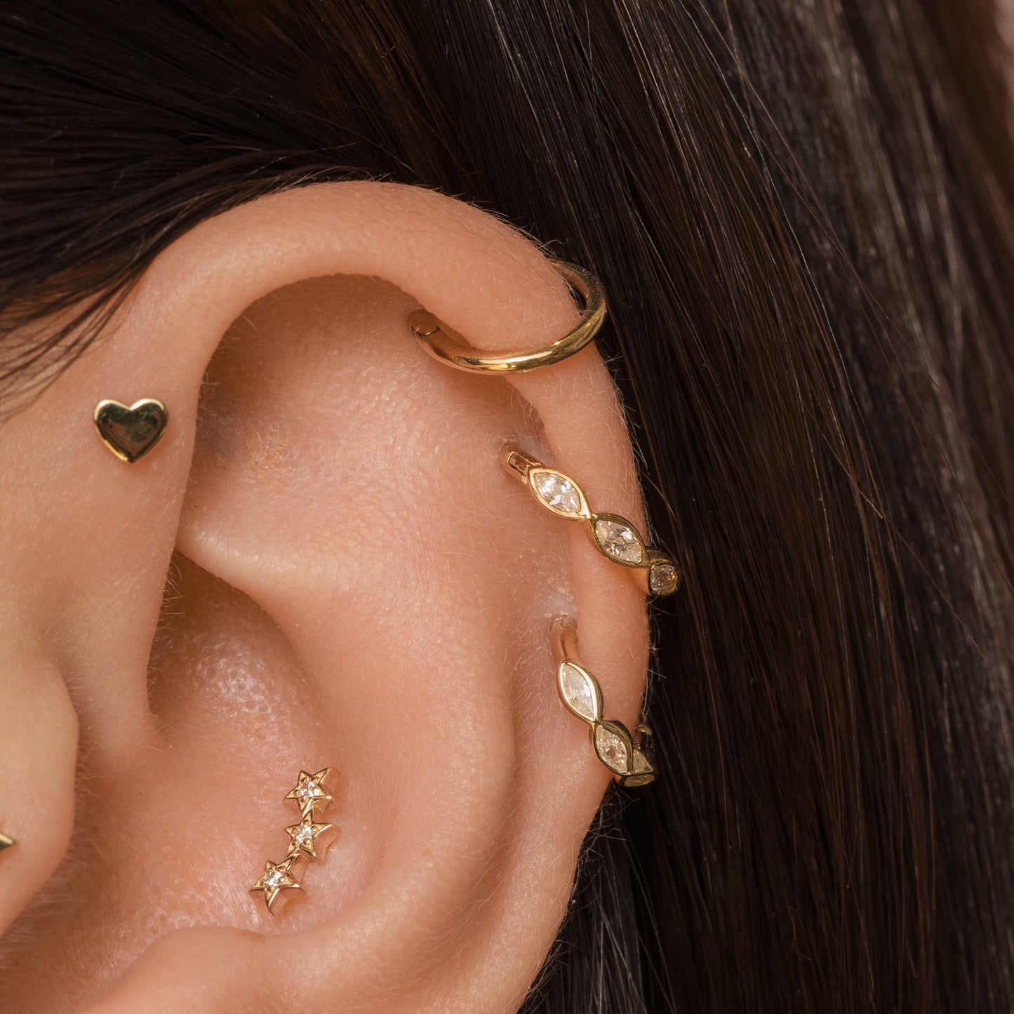 Laura Bond Jewellery Bold and Gold Edinburgh 9k solid yellow gold 6mm 16g marquise crystal mini clicker hoop earring Huggies and Hoops