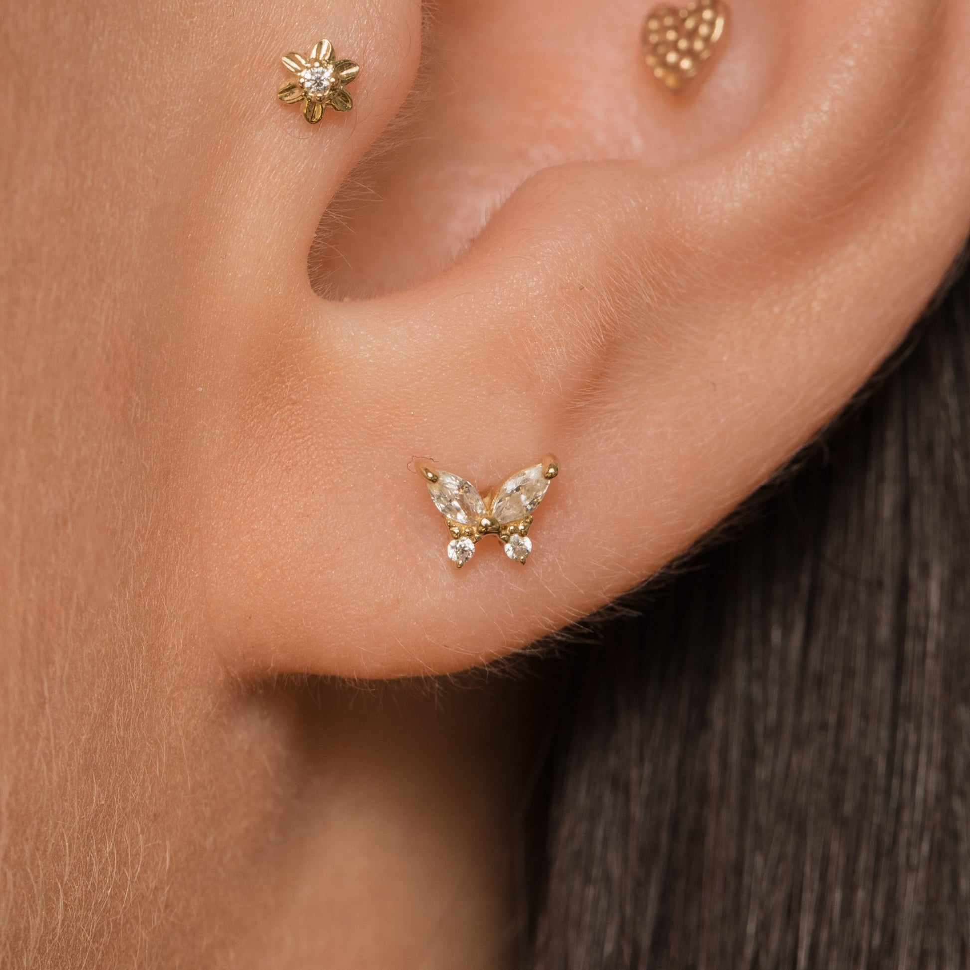 Laura Bond Jewellery 14k solid yellow gold tiny butterfly flat back labret stud earring 8mm Cartilage Studs