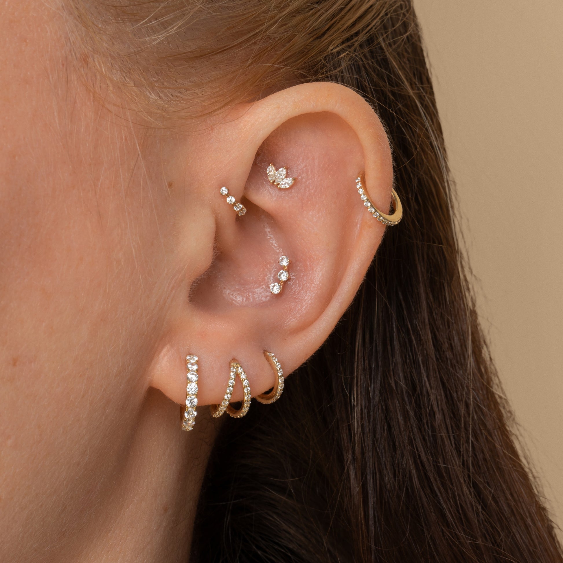 Laura Bond Jewellery 9k solid yellow gold trinity crystal flat back labret stud earring 6mm Cartilage Studs