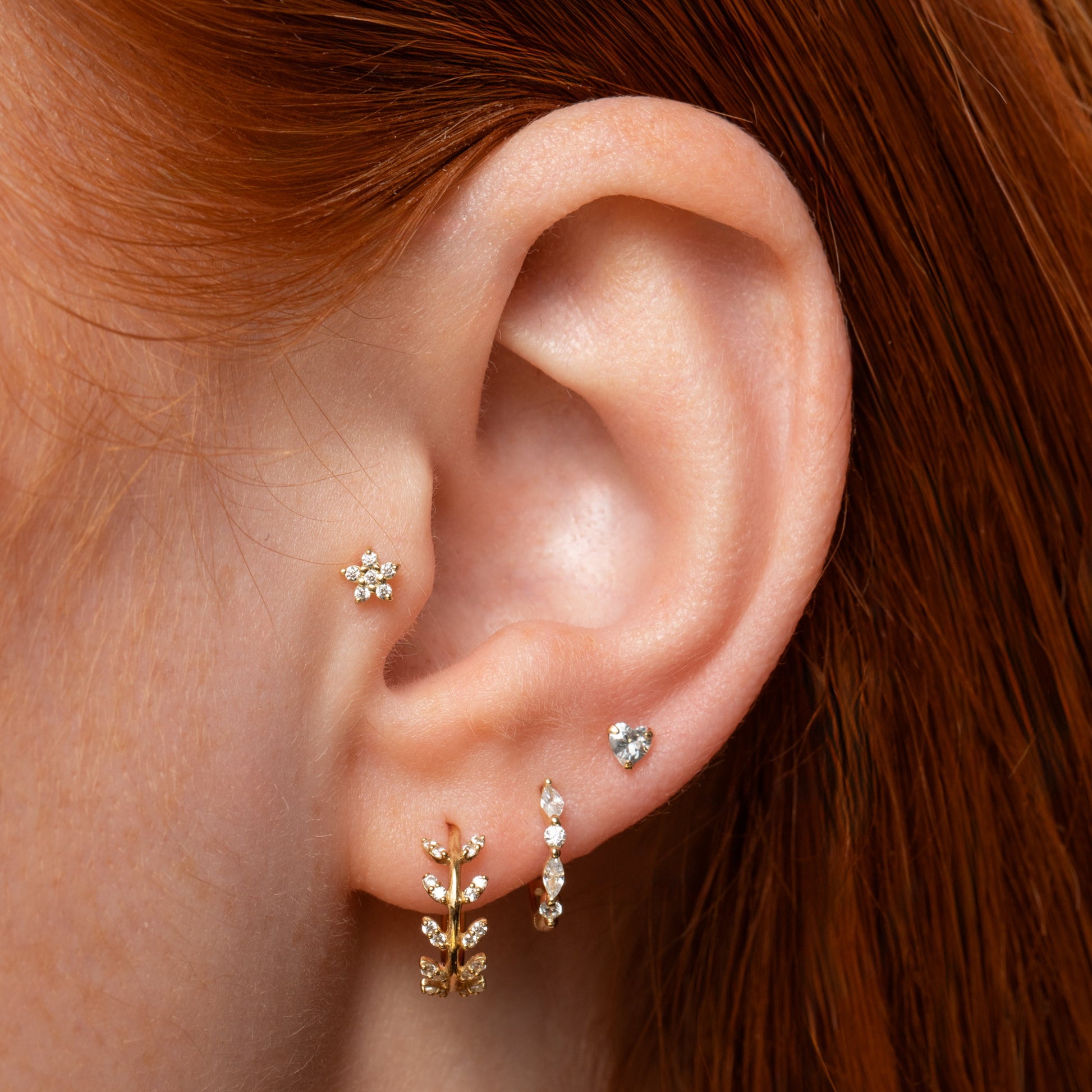 Laura Bond Jewellery 14k solid yellow gold crystal heart flat back labret stud earring Cartilage Studs