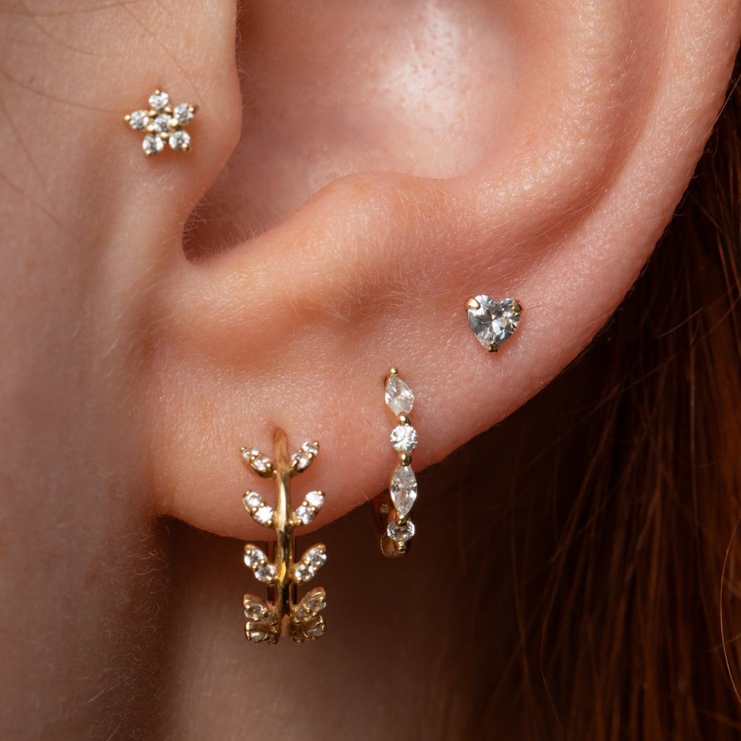 Laura Bond Jewellery 14k solid yellow gold crystal heart flat back labret stud earring Cartilage Studs
