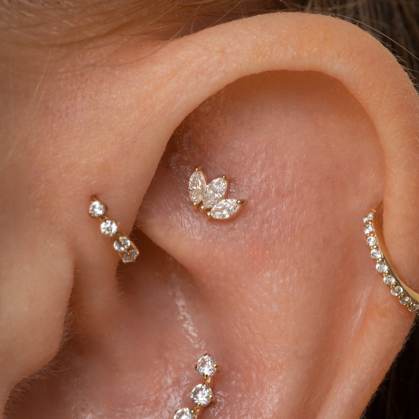 Laura Bond Jewellery 9k solid yellow gold four-stone crystal teeny tiny huggie earring Huggies and Hoops