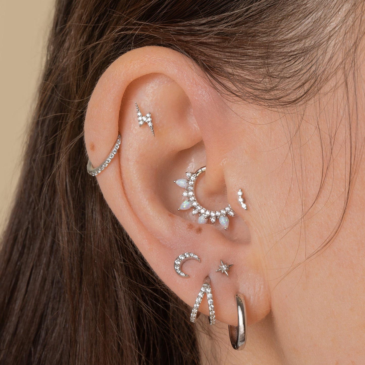 astrid miyu maria tash 9k solid white gold 9mm Ariel daith hoop with white opal Huggies and Hoops Laura Bond