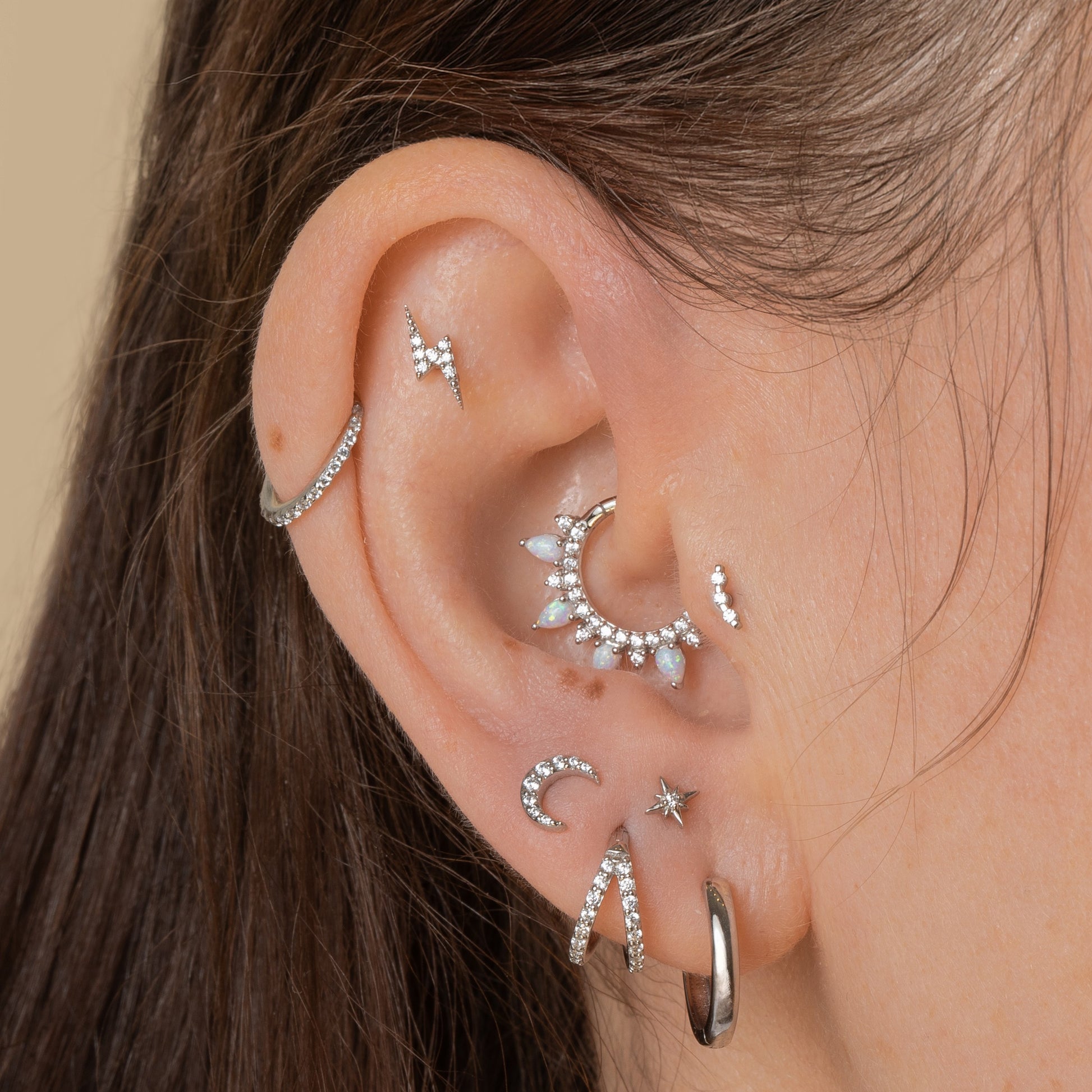 astrid miyu maria tash 9k solid white gold 9mm Ariel daith hoop with white opal Huggies and Hoops Laura Bond