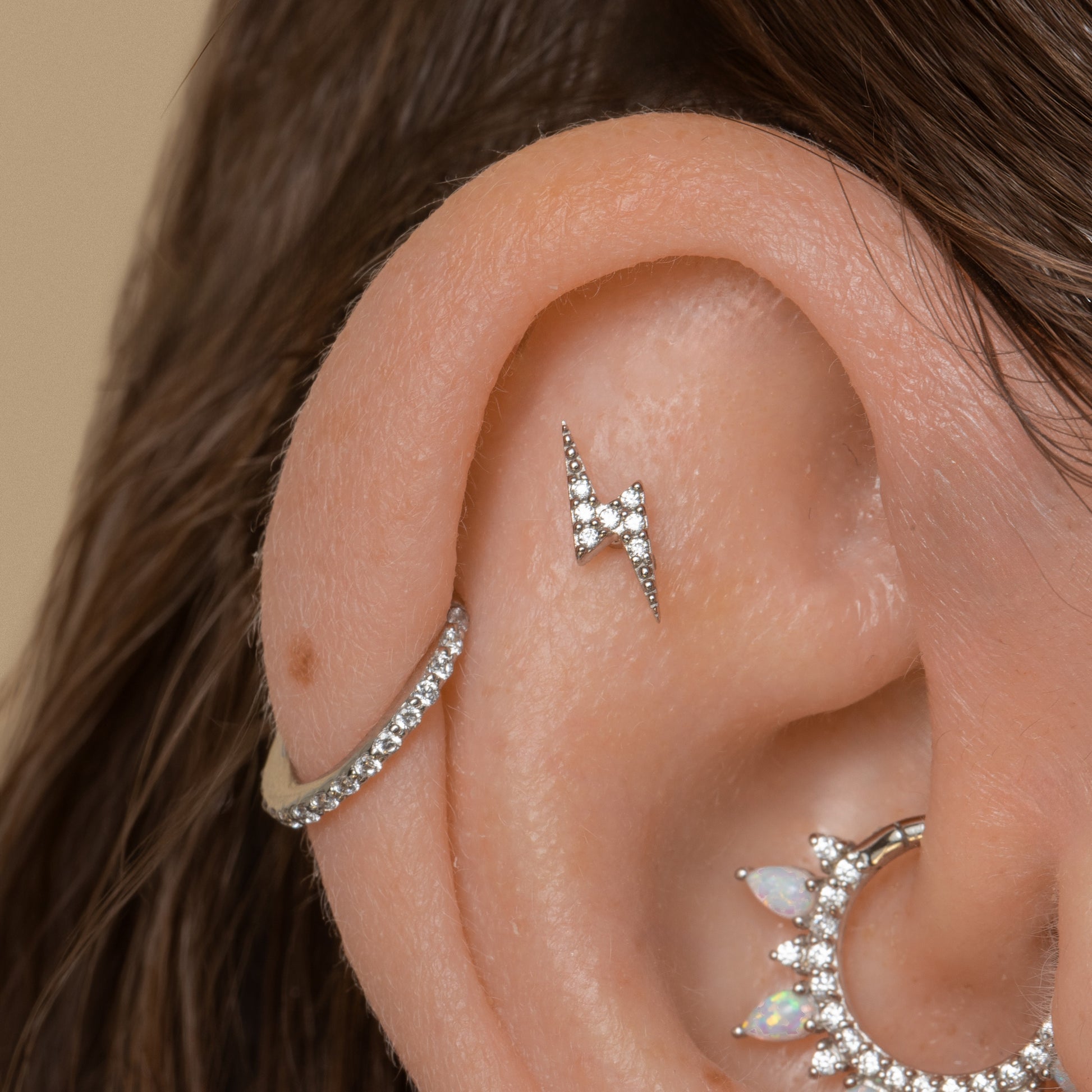 Laura Bond Jewellery 14k solid white gold Flash lightning bolt flat back labret stud earring Cartilage Studs