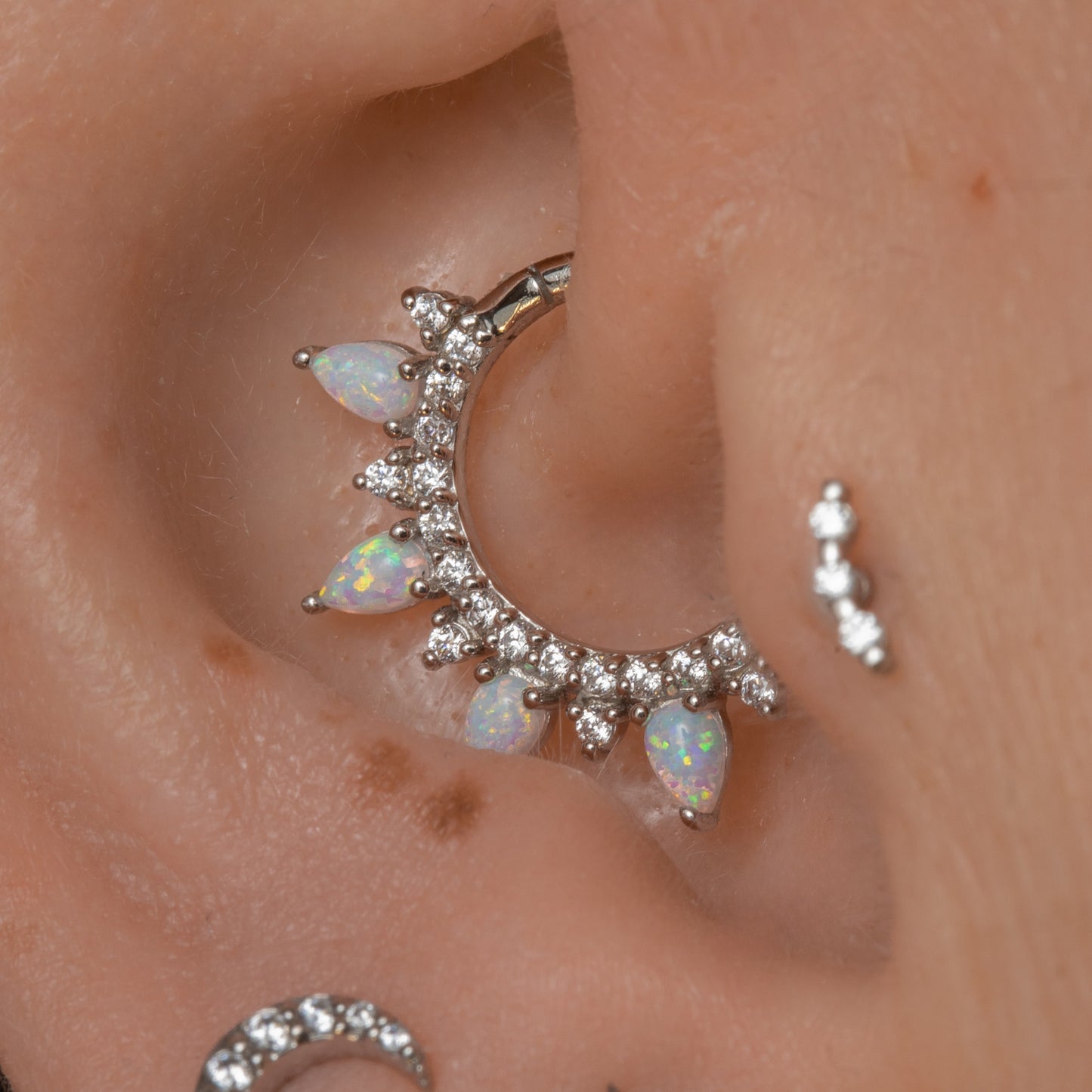 astrid miyu maria tash 9k solid white gold 9mm Ariel daith hoop with white opal Huggies and Hoops Laura Bond