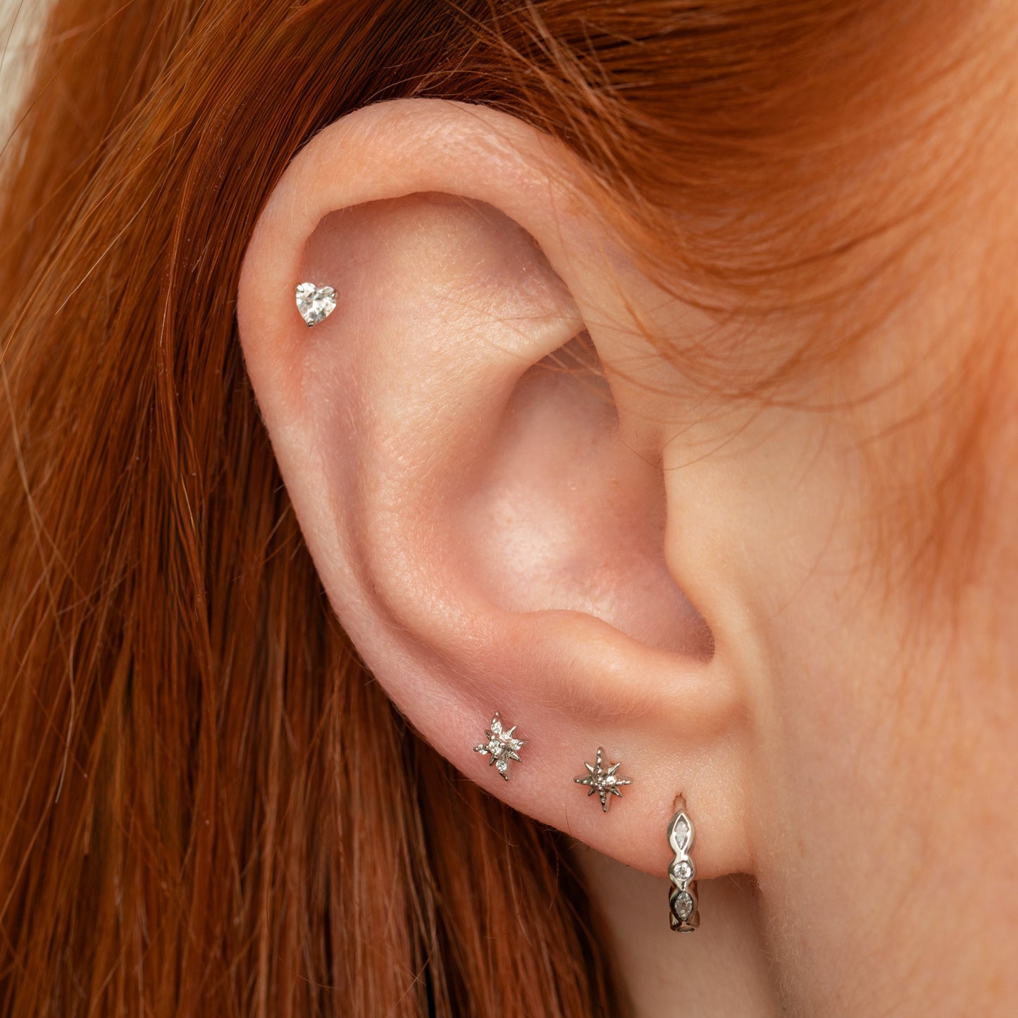 Laura Bond Jewellery 9k solid white gold crystal heart flat back labret stud earring Cartilage Studs