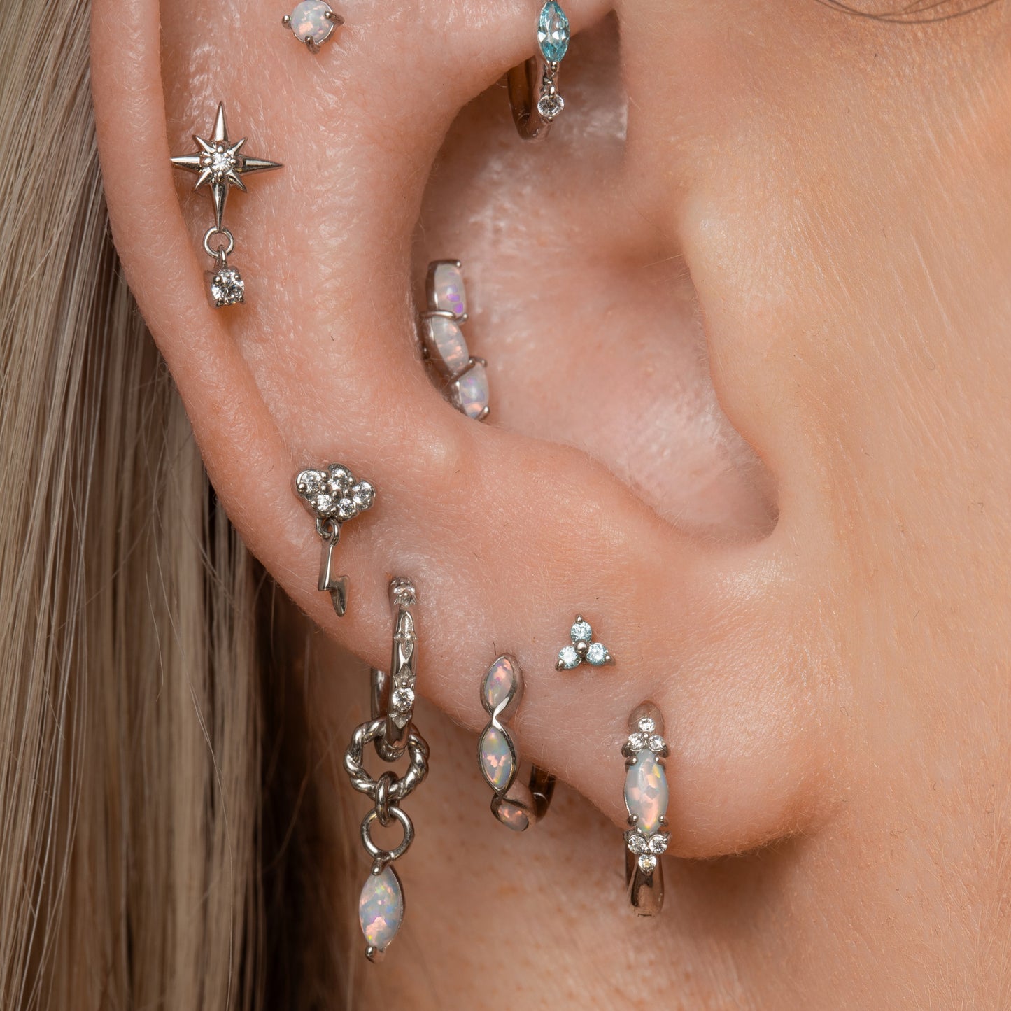 astrid miyu maria tash 9k solid white gold Moontide opal marquise 8mm huggie hoop earring Huggies and Hoops Laura Bond
