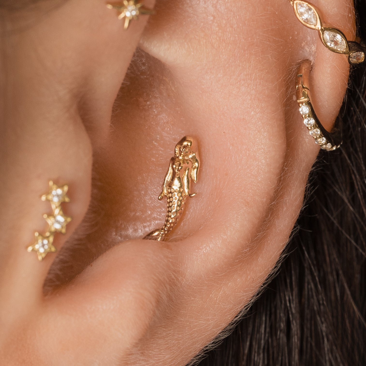 Laura Bond Jewellery 14k solid yellow gold mermaid flat back labret stud earring 8mm (left) Cartilage Studs