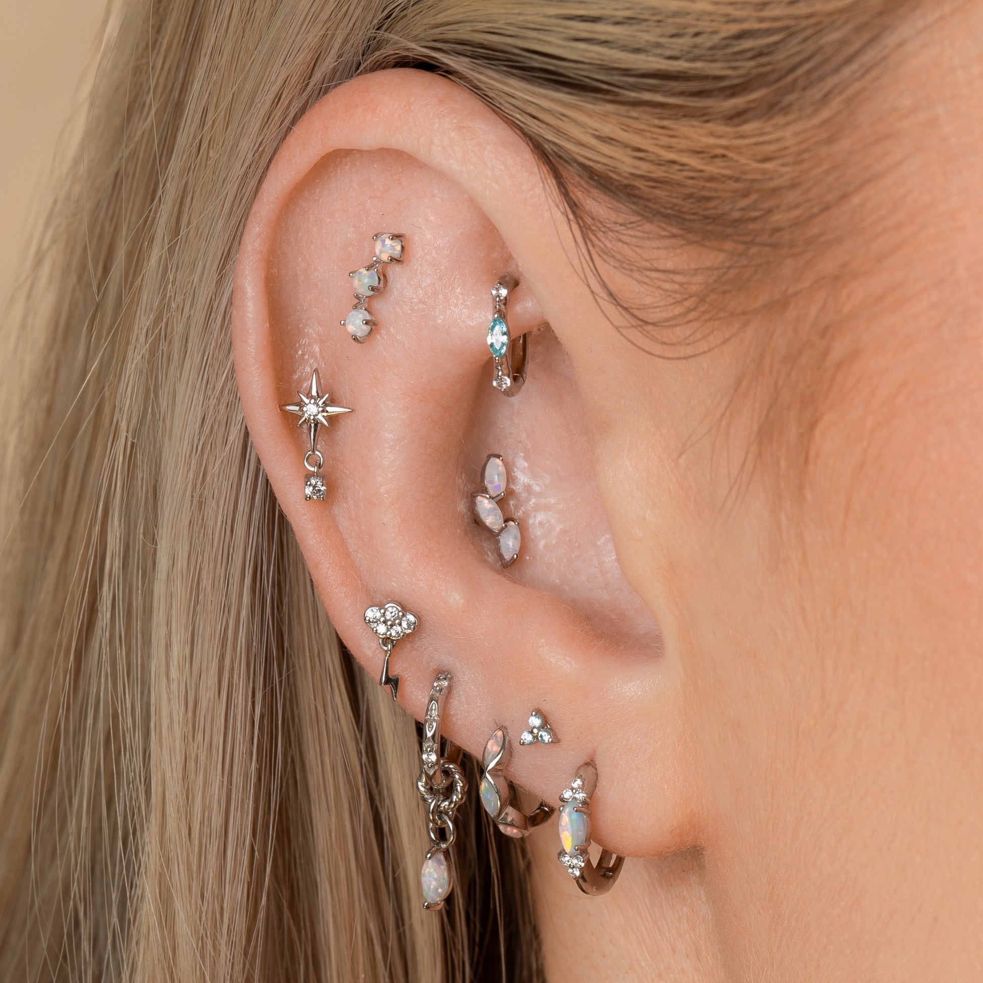 astrid miyu maria tash 9k solid white gold Moontide opal marquise 8mm huggie hoop earring Huggies and Hoops Laura Bond