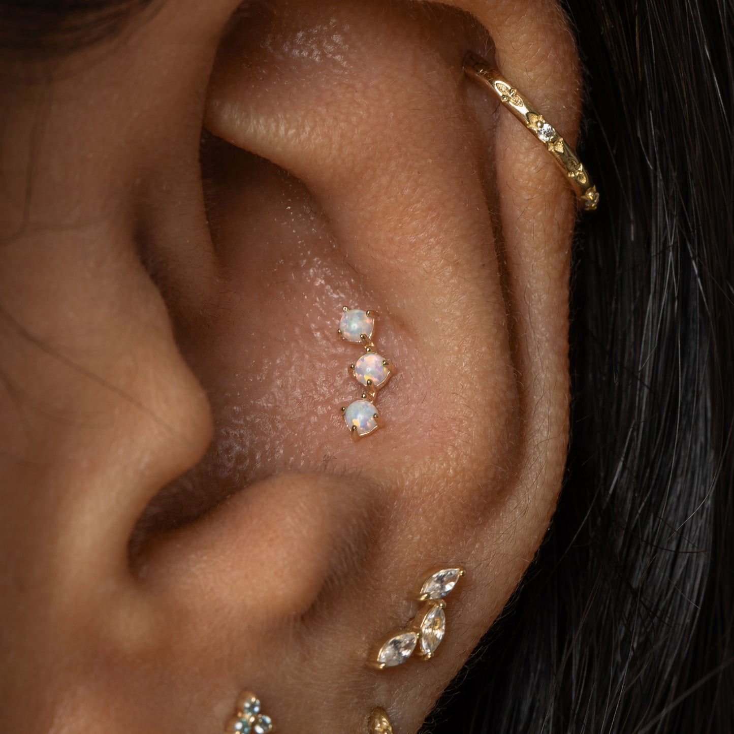 astrid miyu maria tash 9k solid yellow gold trinity opal flat back labret stud earring 6mm Cartilage Studs Laura Bond