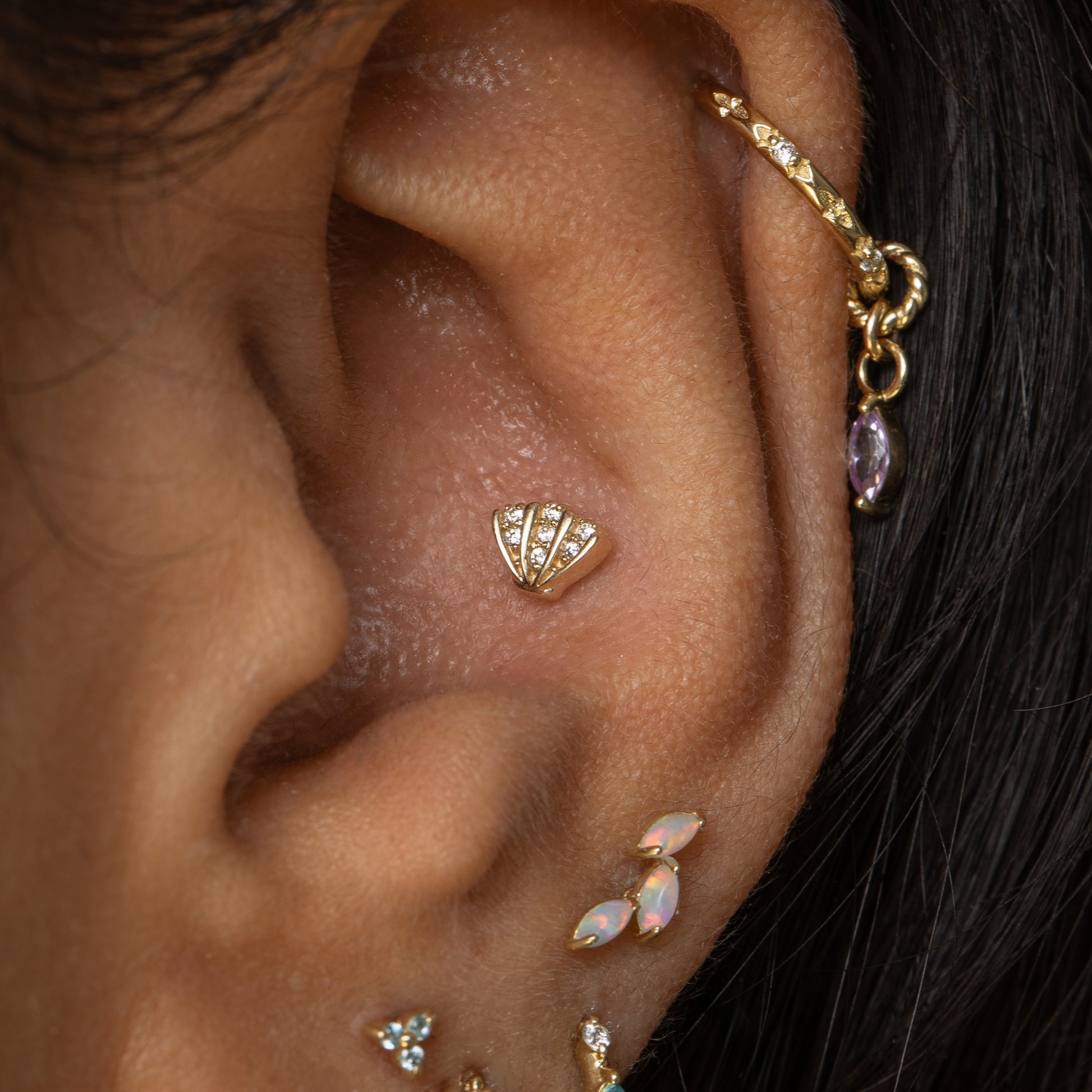 Laura Bond Jewellery Bold and Gold Edinburgh 14k solid yellow gold opal cascade flat back labret stud earring Cartilage Studs