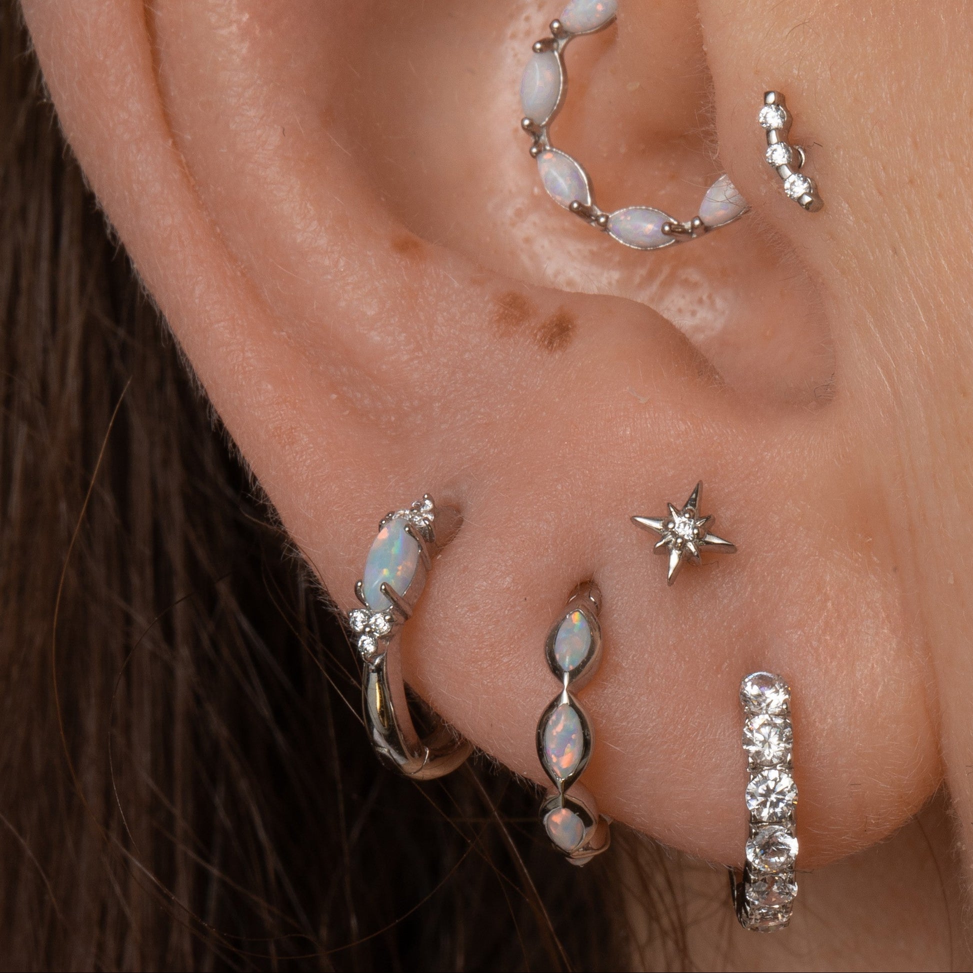 astrid miyu maria tash 9k solid white gold Moontide opal marquise 8mm huggie hoop earring Huggies and Hoops Laura Bond