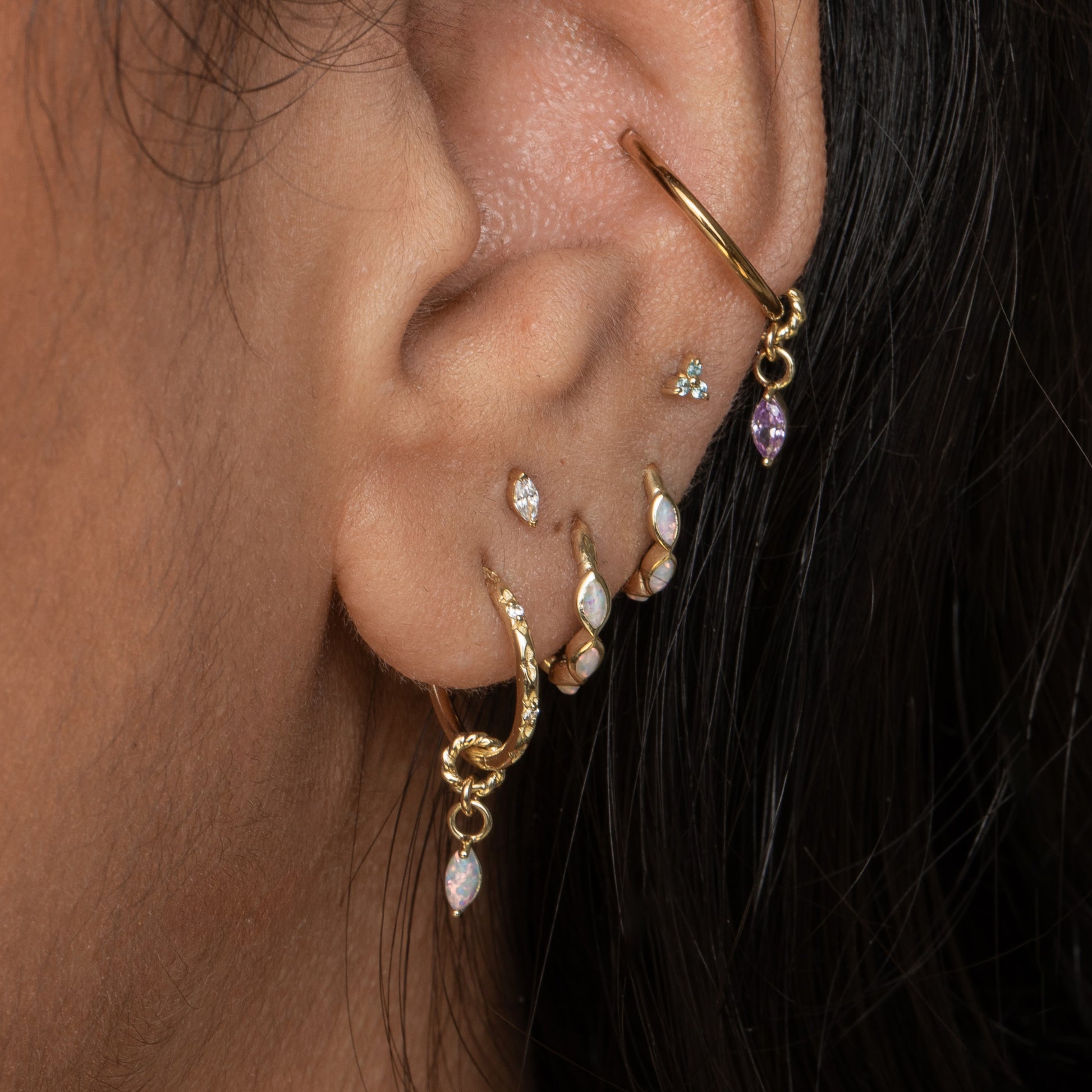astrid miyu maria tash 9k solid yellow gold white opal marquise clicker hoop Huggies and Hoops Laura Bond