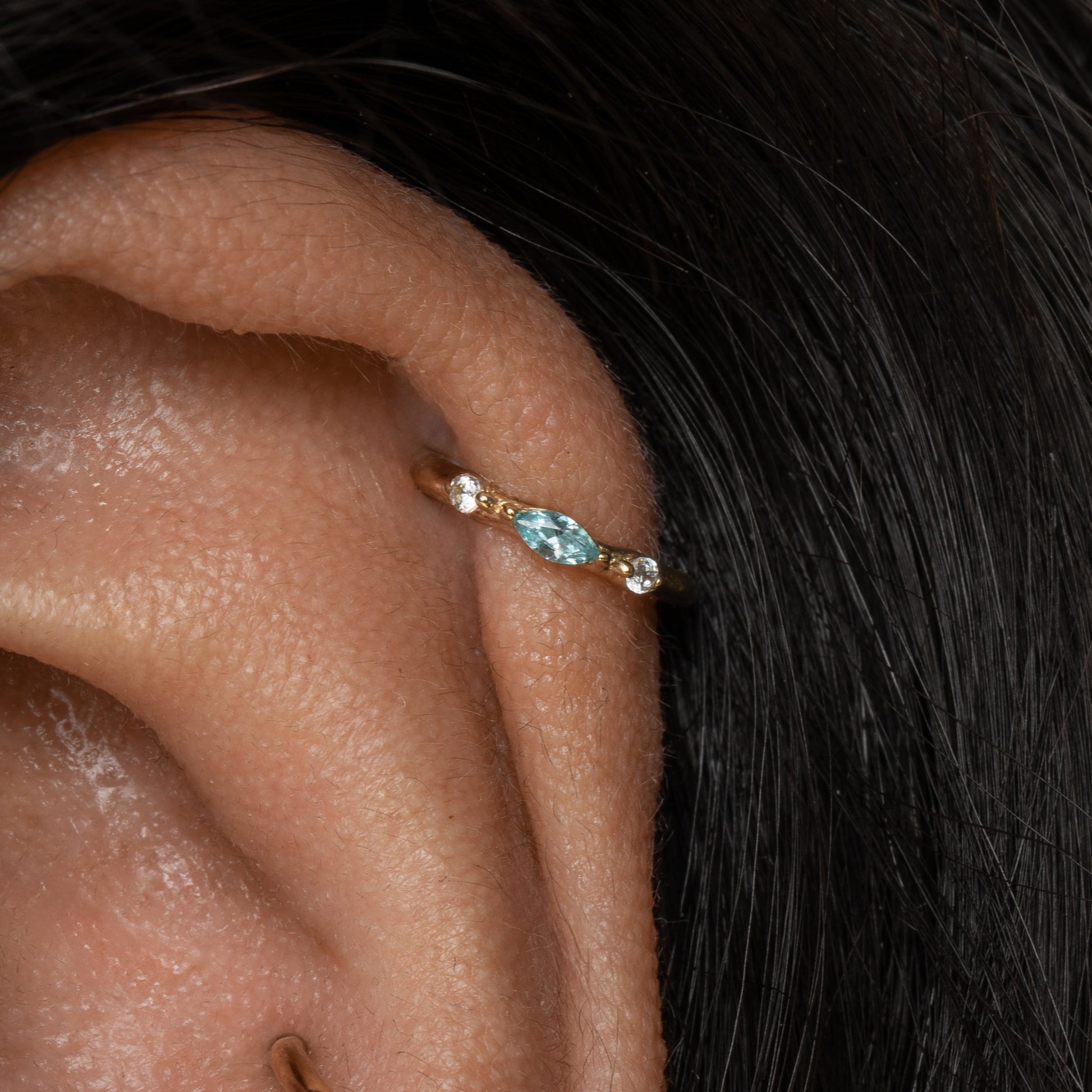 astrid miyu maria tash 9k solid yellow gold aqua luna marquise clicker hoop Huggies and Hoops Laura Bond