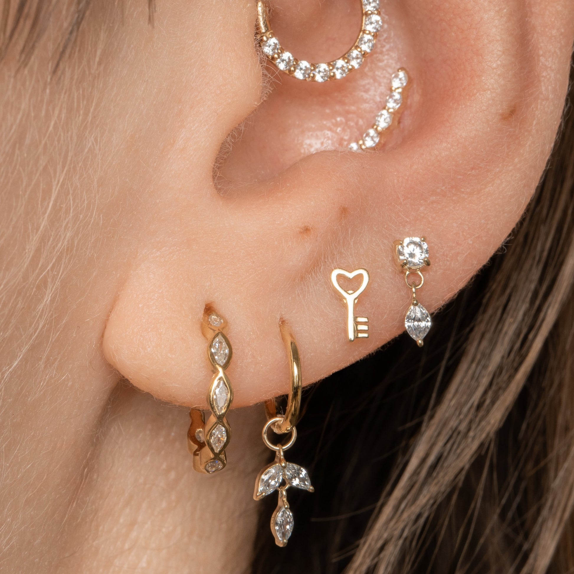Laura Bond Jewellery 14k solid yellow gold Crystal Moon Drop flat back labret stud earring 8mm Cartilage Studs