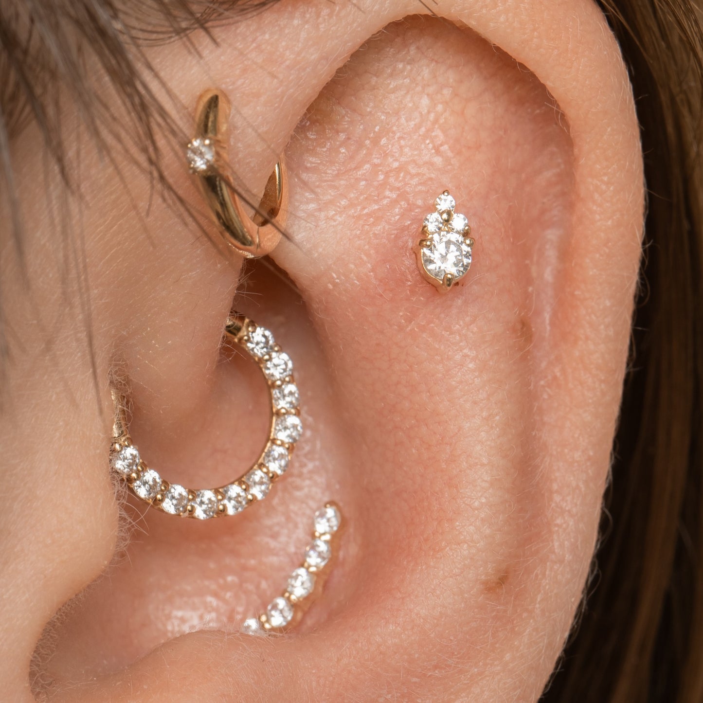 Laura Bond Jewellery 9k solid yellow gold Trio Glow flat back labret stud earring 6mm Cartilage Studs
